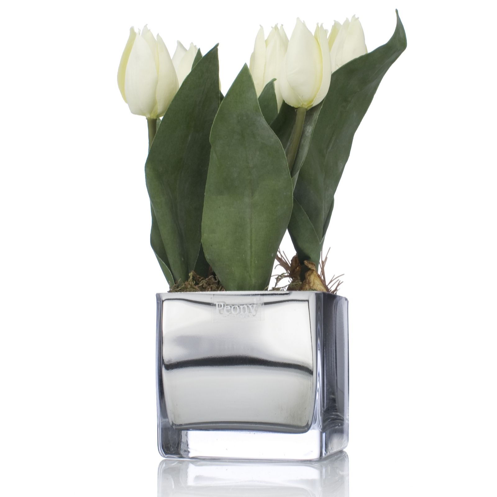 Peony Tulips Faux Flowers In A Mirrored Glass Cube Vase Qvc Uk