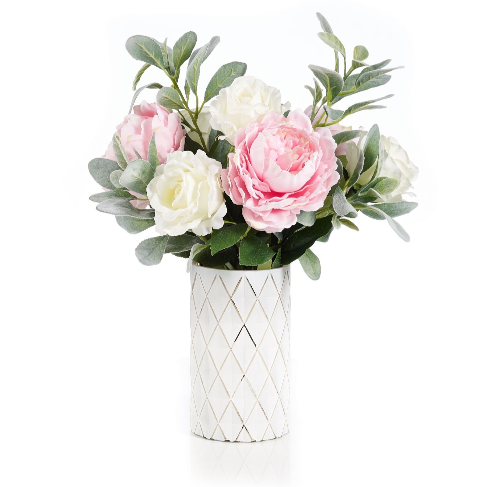 Peony Roses Peonies & Foliage in a Geometric Vase QVC UK