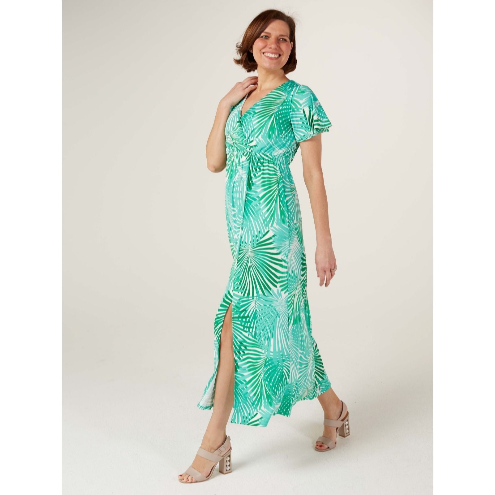 Nina Leonard Short Flutter Sleeve Maxi Dress Standard