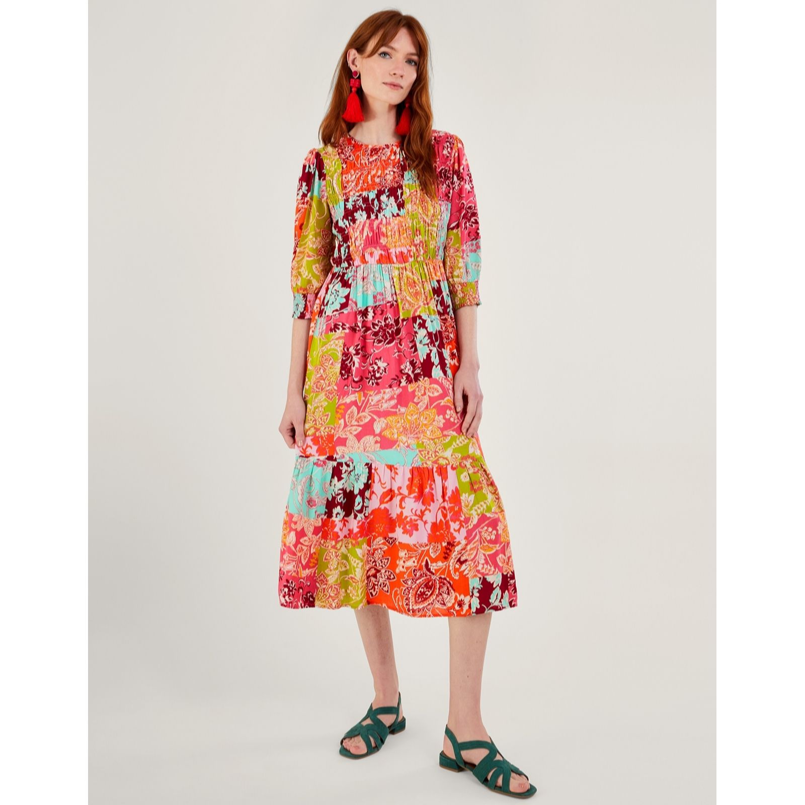 Monsoon 3/4 Sleeve Printed Shirred Dress