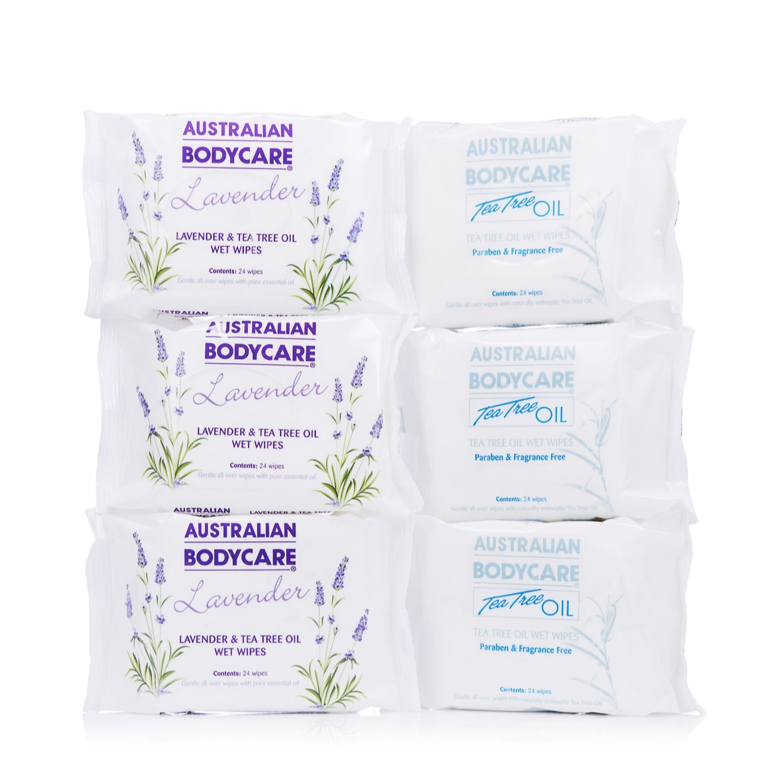 Australian Bodycare 6 x 24 Piece Tea Tree & Lavender Wet Wipes