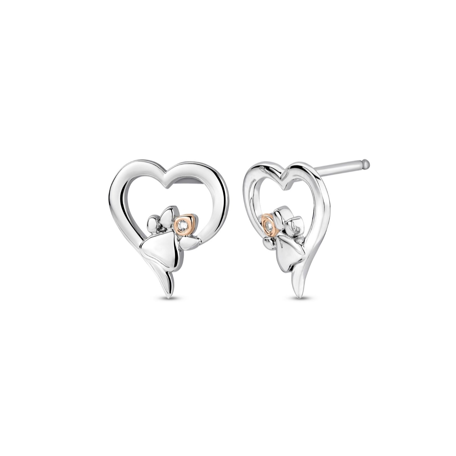 Clogau Paw Print Heart Stud Earrings Silver & 9ct Rose Gold
