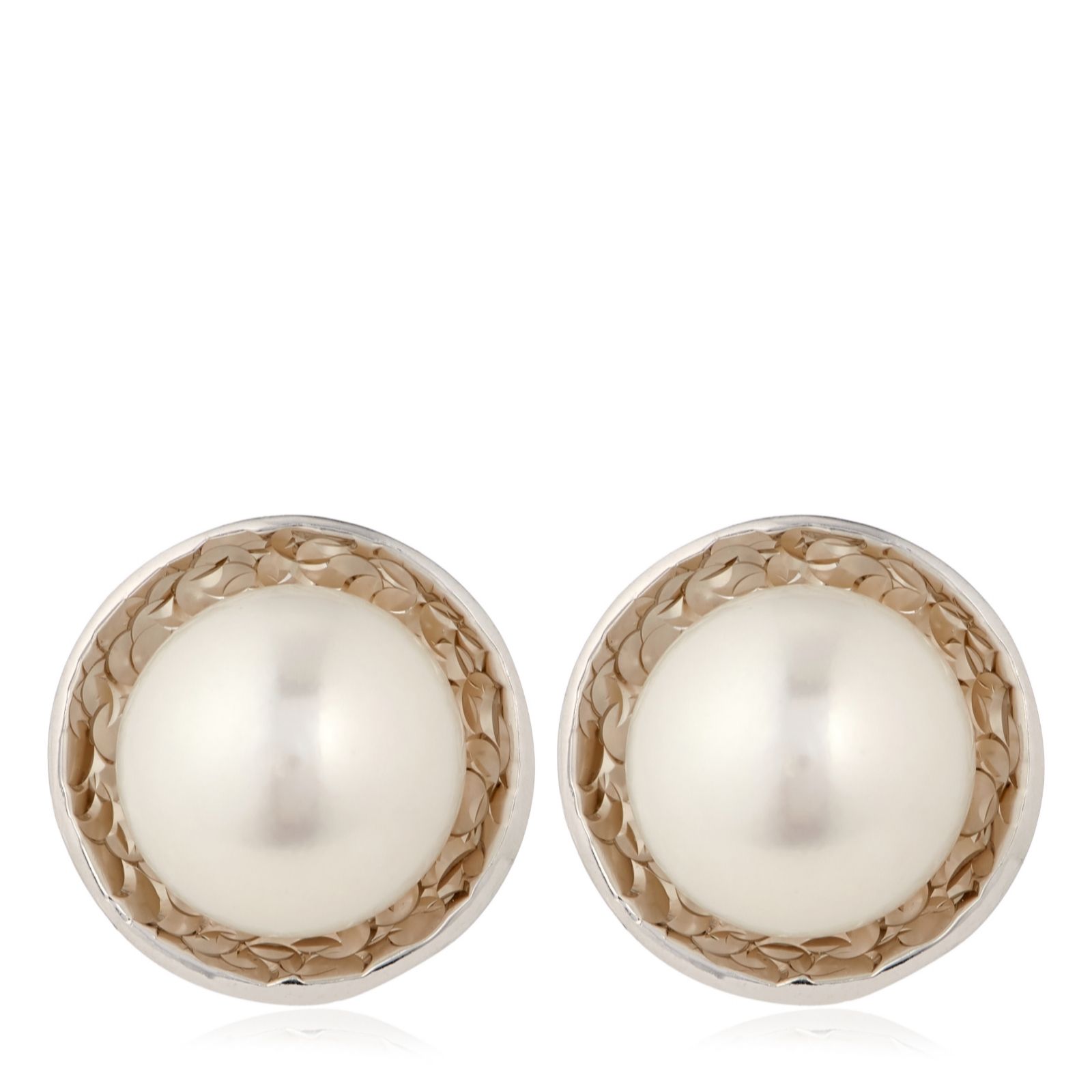 Lara Pearl Textured Halo 7-8mm Button Pearl Stud Earrings Sterling...