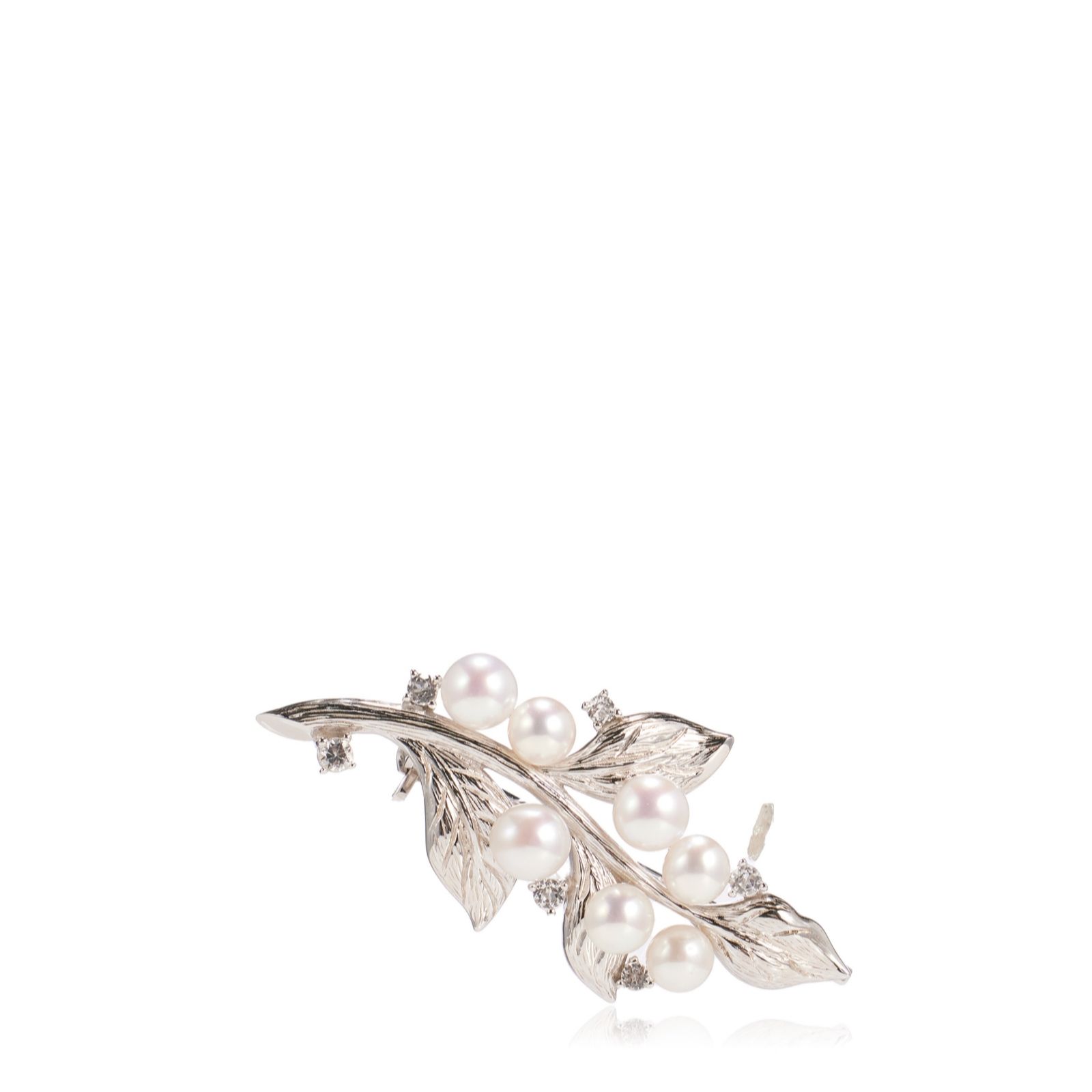 Lara Pearl 4mm Button Pearl and White Topaz Leaf Brooch Sterling Si...