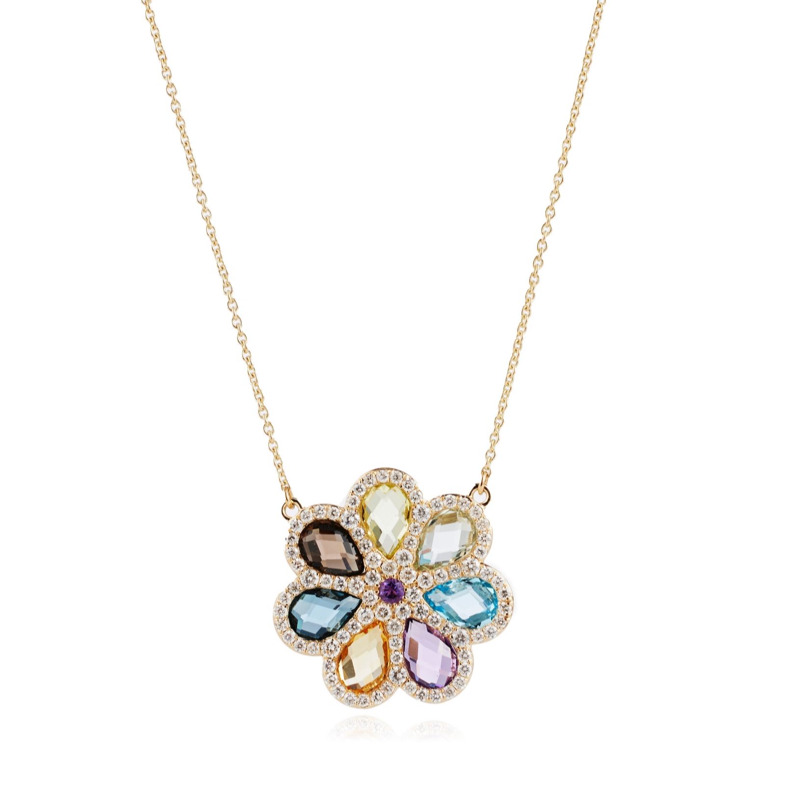 Oisha 3ct Multi Gemstone & 0.4ct Diamond Flower Pendant & Chain 14c...