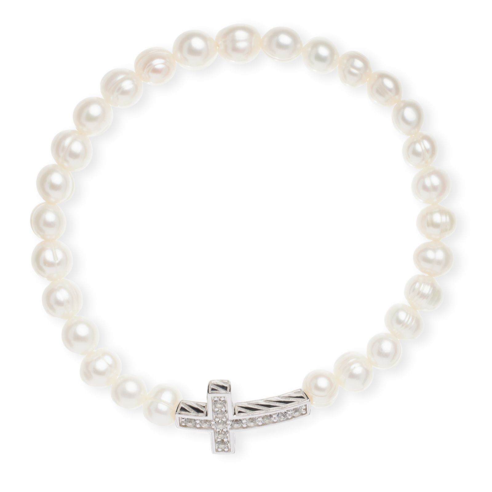 Larapearl White/Silver Lara Pearl Topaz Cross 6-7Mm Stretch Bracelet Sterling