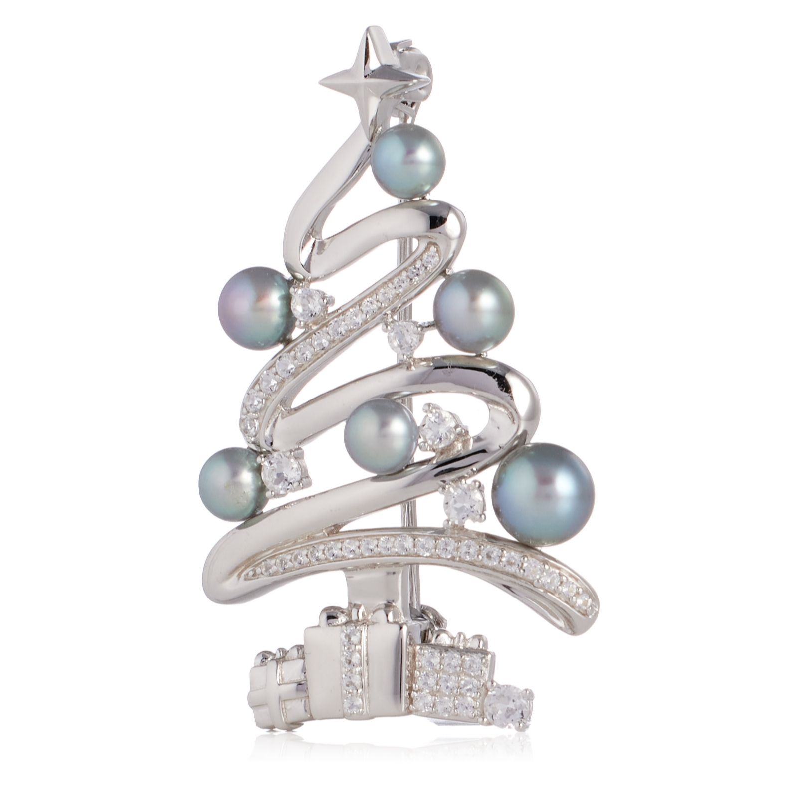 Lara Pearl 4-6mm Cultured Pearl Festive Tree Brooch Sterling Silver