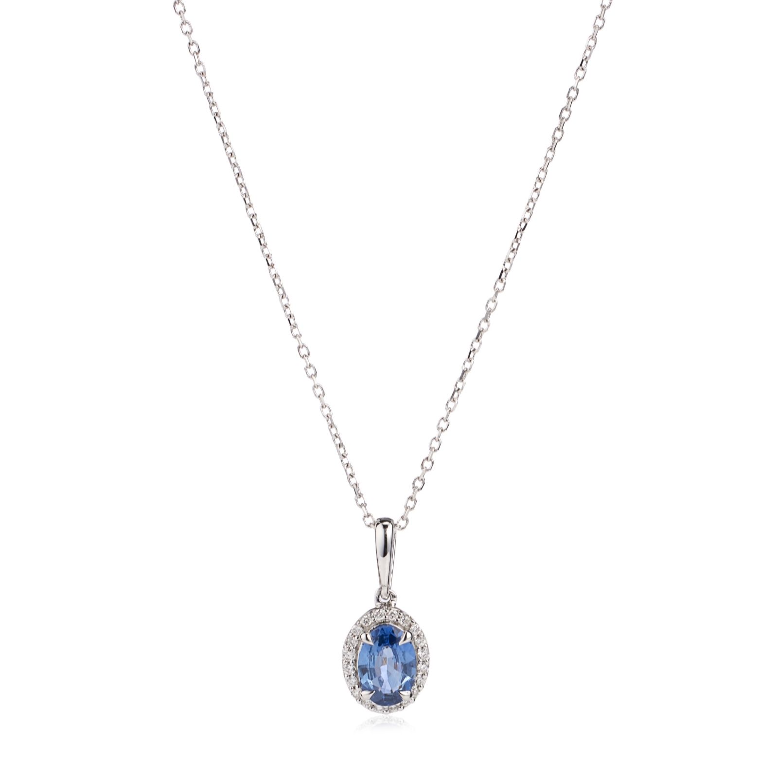 Outlet 1.25ct Sapphire 0.10ct Halo Diamond Pendant Necklace 9ct Gold