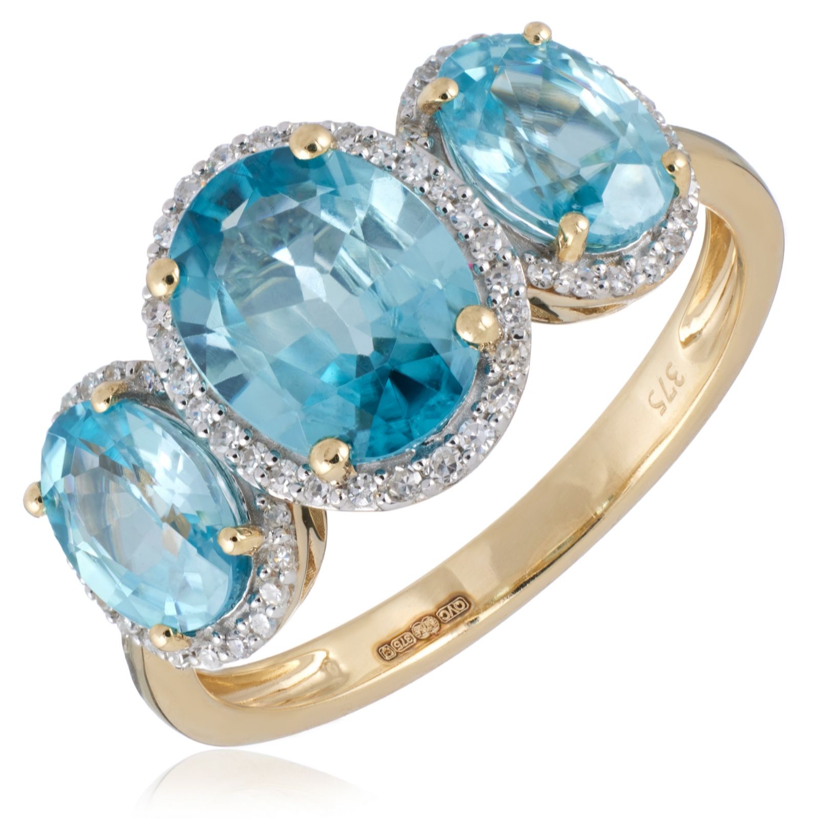 4.30ct Blue Zircon and 0.15ct Diamond Trilogy Ring 9ct Gold