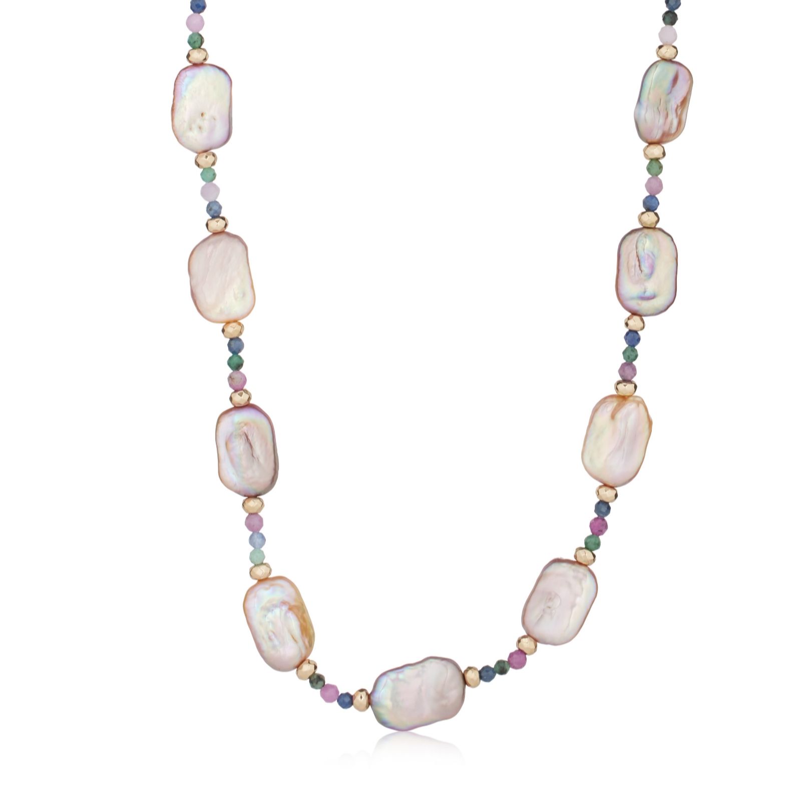 Lara Pearl 11-12mm Square Coin Pearl and Gemstone Necklace Stainles...