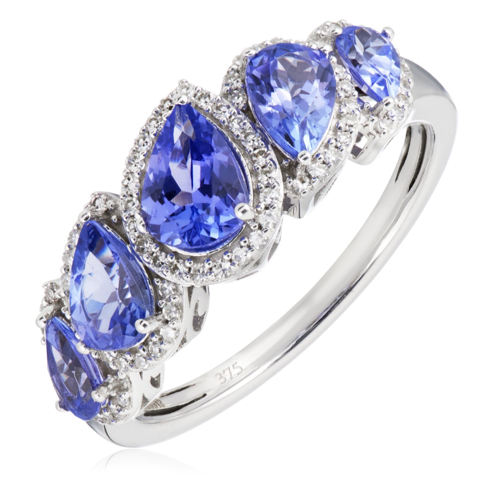1.07ct AAA Tanzanite & 0.20ct Diamond Pear Cut Halo Band Ring 9ct Gold