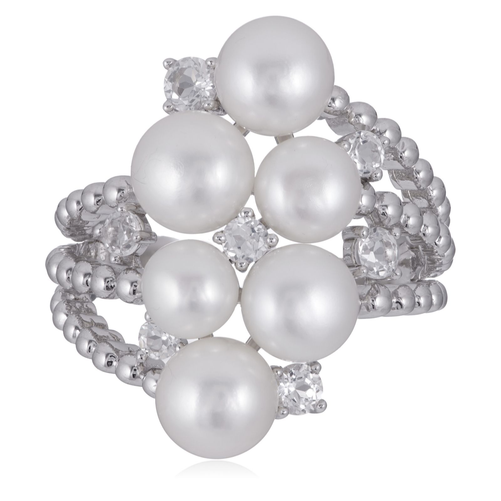 Lara Pearl 5 & 6mm Button Pearl & White Topaz Cluster Ring Sterling...