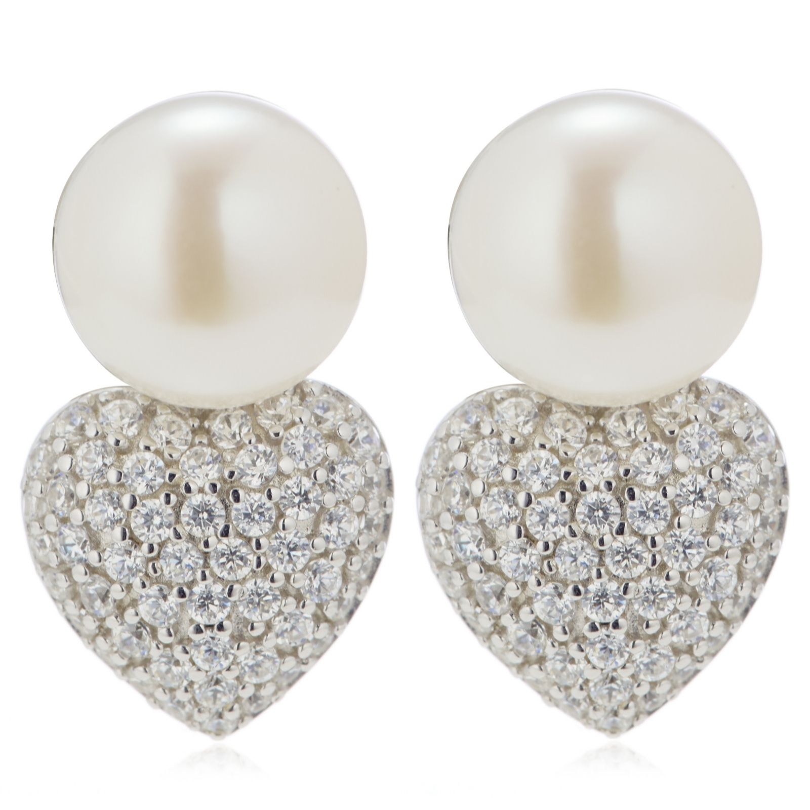 Larapearl Orchid Lara Pearl 8Mm Button Pearl And Pave Heart Earrings Sterling Silver