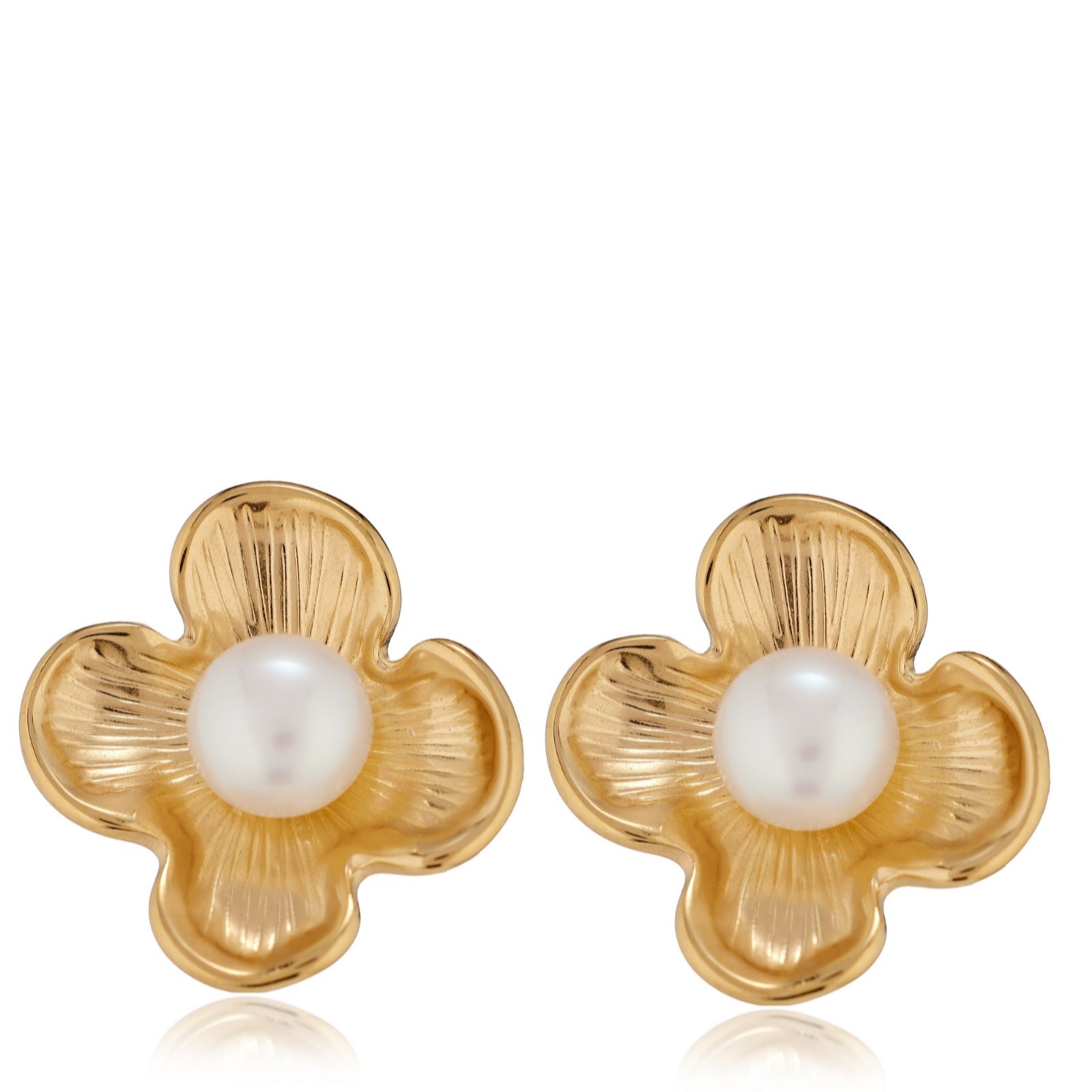 Larapearl Gold Tone Lara Pearl 7-8Mm Button Pearl Textured Flower Earrings Stainless Steel