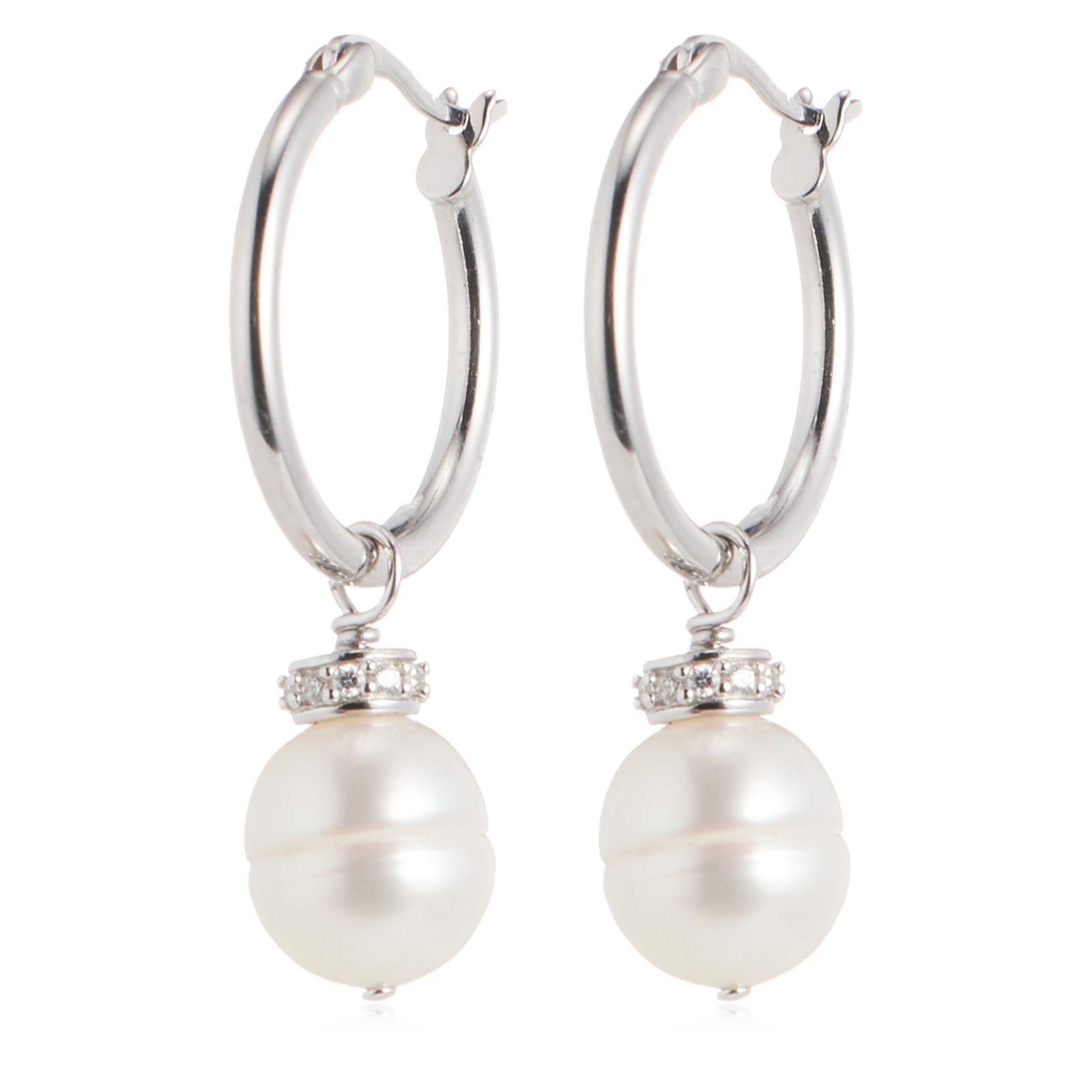 Lara Pearl x Diamonique Diamond Cut Pearl Drop Hoop Earrings Sterli...