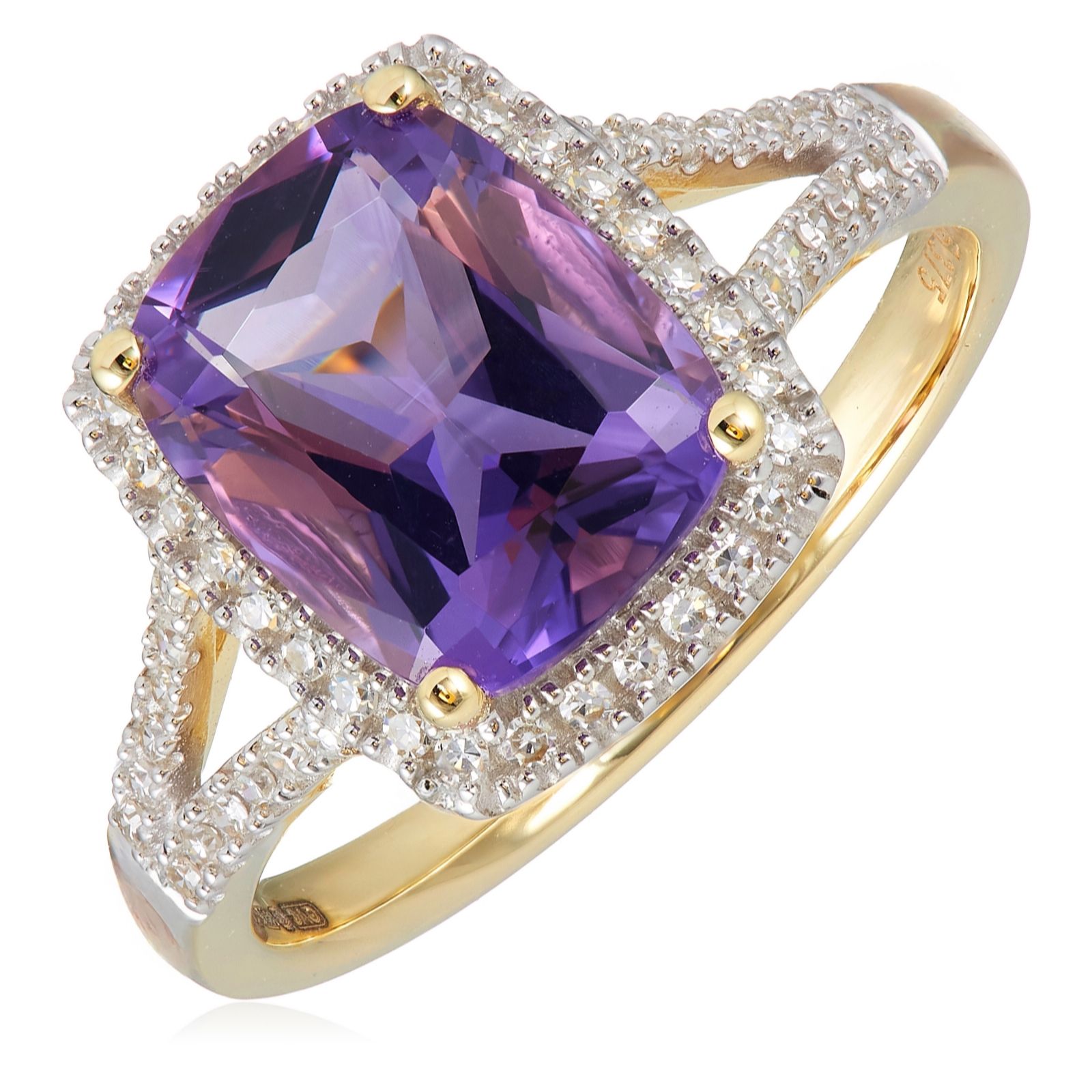 0.20ct Diamond & 2.50ct Amethyst Cushion Cut Ring 9ct Yellow Gold