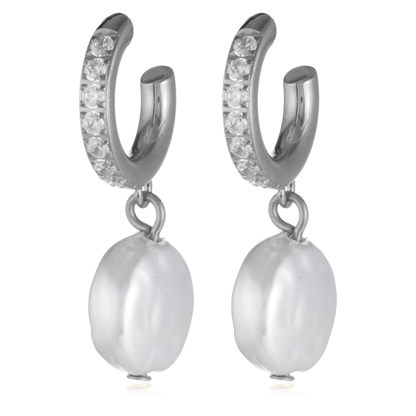 Steel by Diamonique Simulated Pearl Hoop Earring Stainless Steel