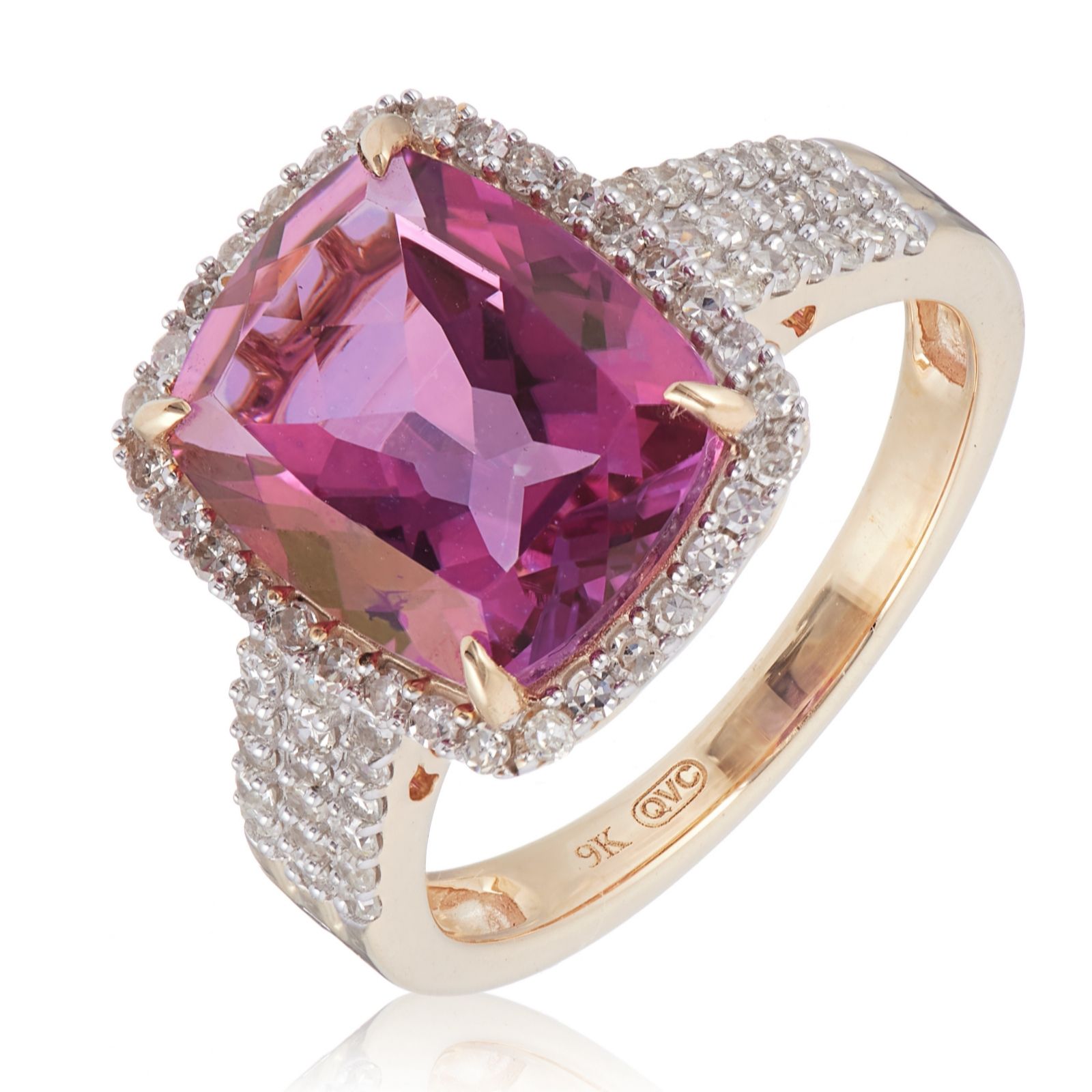 4.32ct Pink Topaz Cushion 0.44ct Diamond Halo Ring 9ct Gold