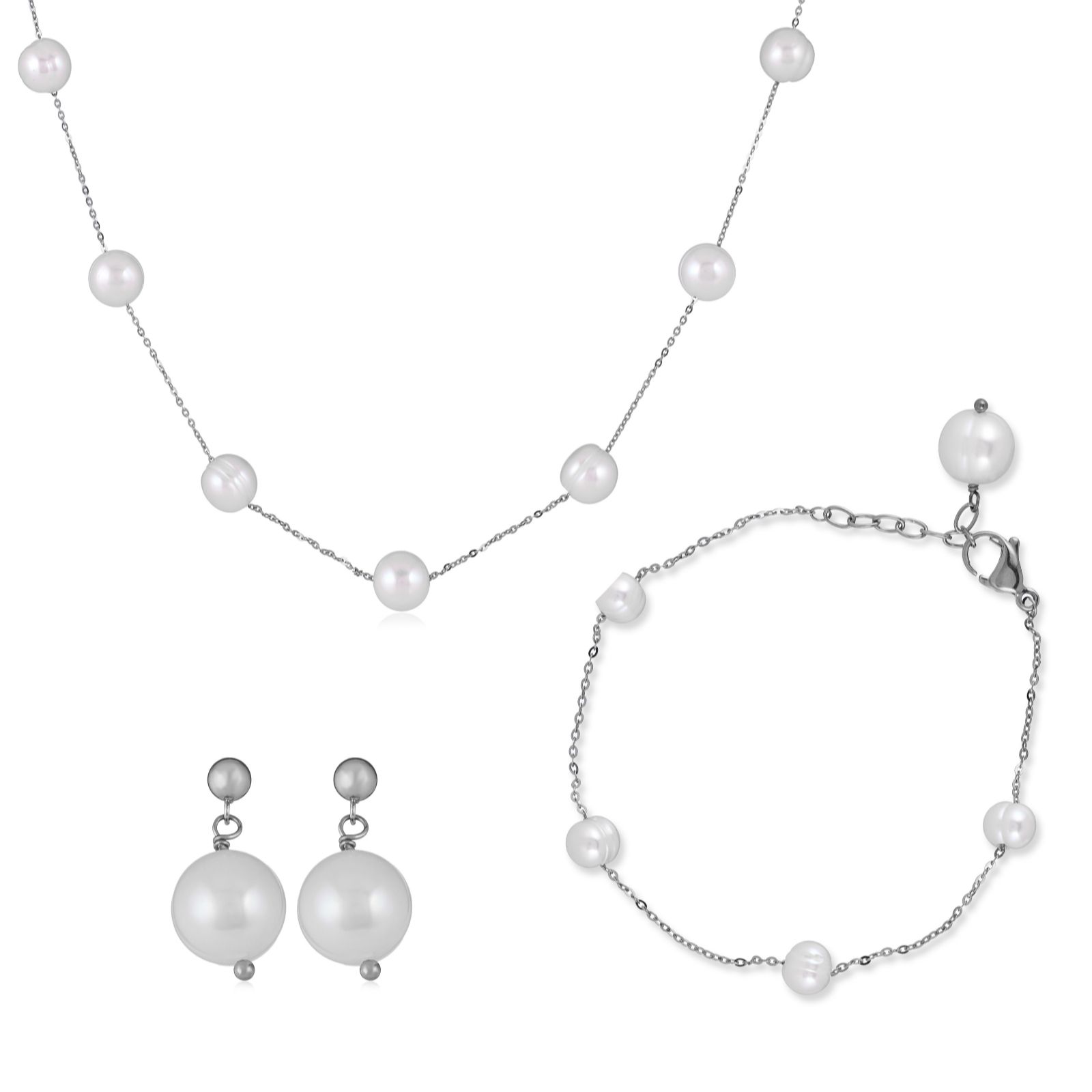 Larapearl White,Silver Tone Lara Pearl 10Mm Cultured Pearl 3 Piece Earrings, Bracelet & Necklac...