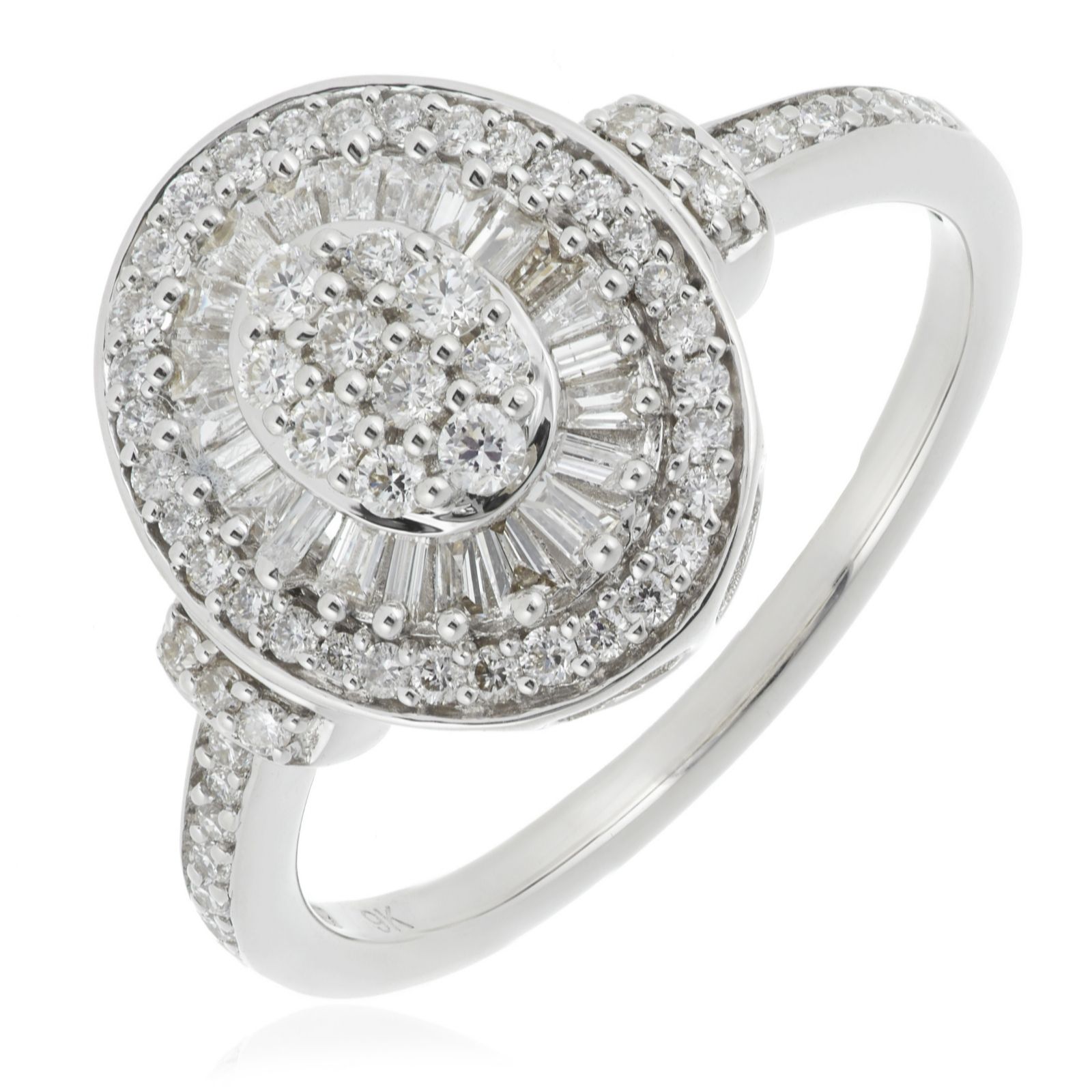 0.50ct Diamond Oval Baguette & Brilliant Cut Cluster Ring 9ct Gold
