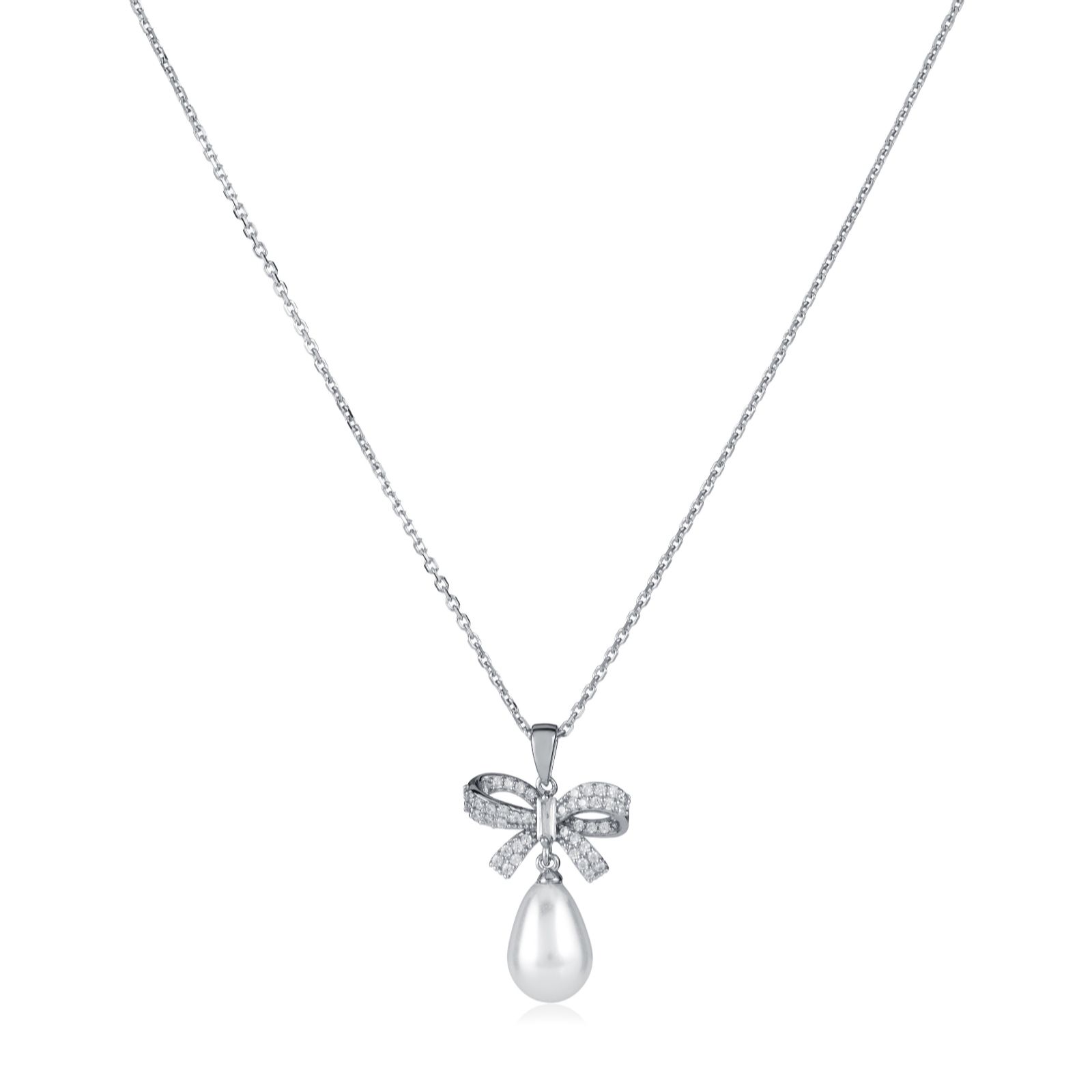 Diamonique 0.27ct tw Bow & Pearl Necklace Sterling Silver