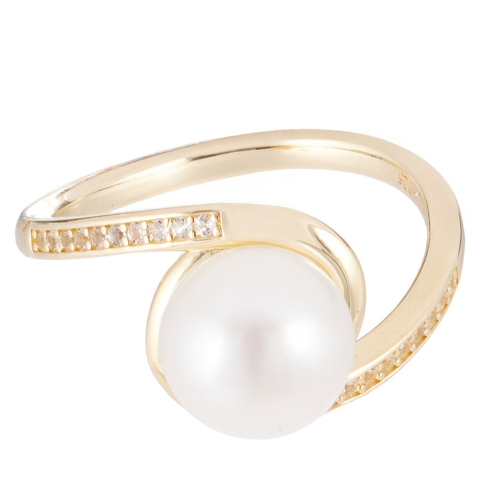 Larapearl Black Rhodium Plated Lara Pearl Button Pearl & White Topaz Bypass Ring Sterling Silver