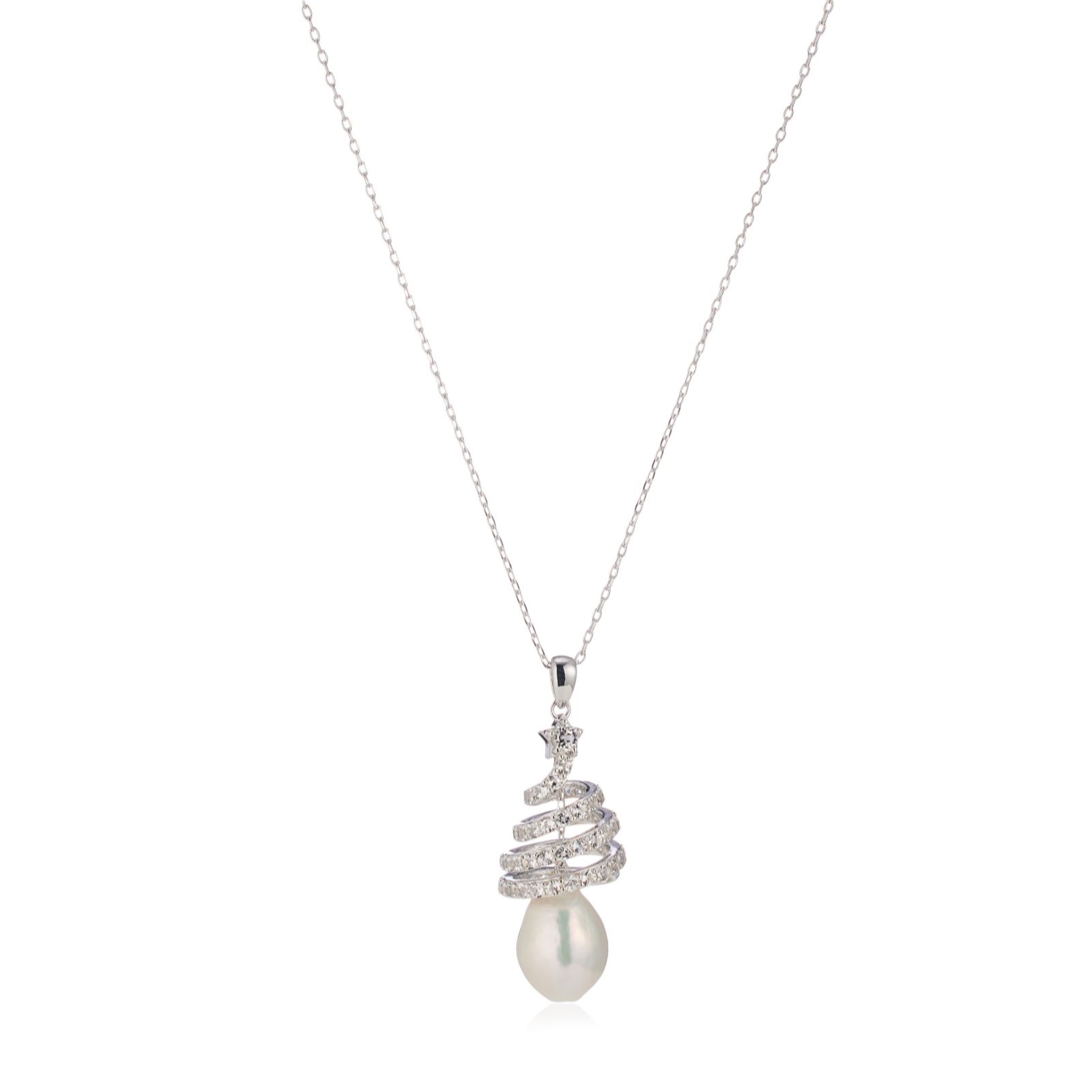 Larapearl White Gold Plated Lara Pearl 8-9Mm Baroque Ming Pearl & White Topaz Twisted Pendant &...