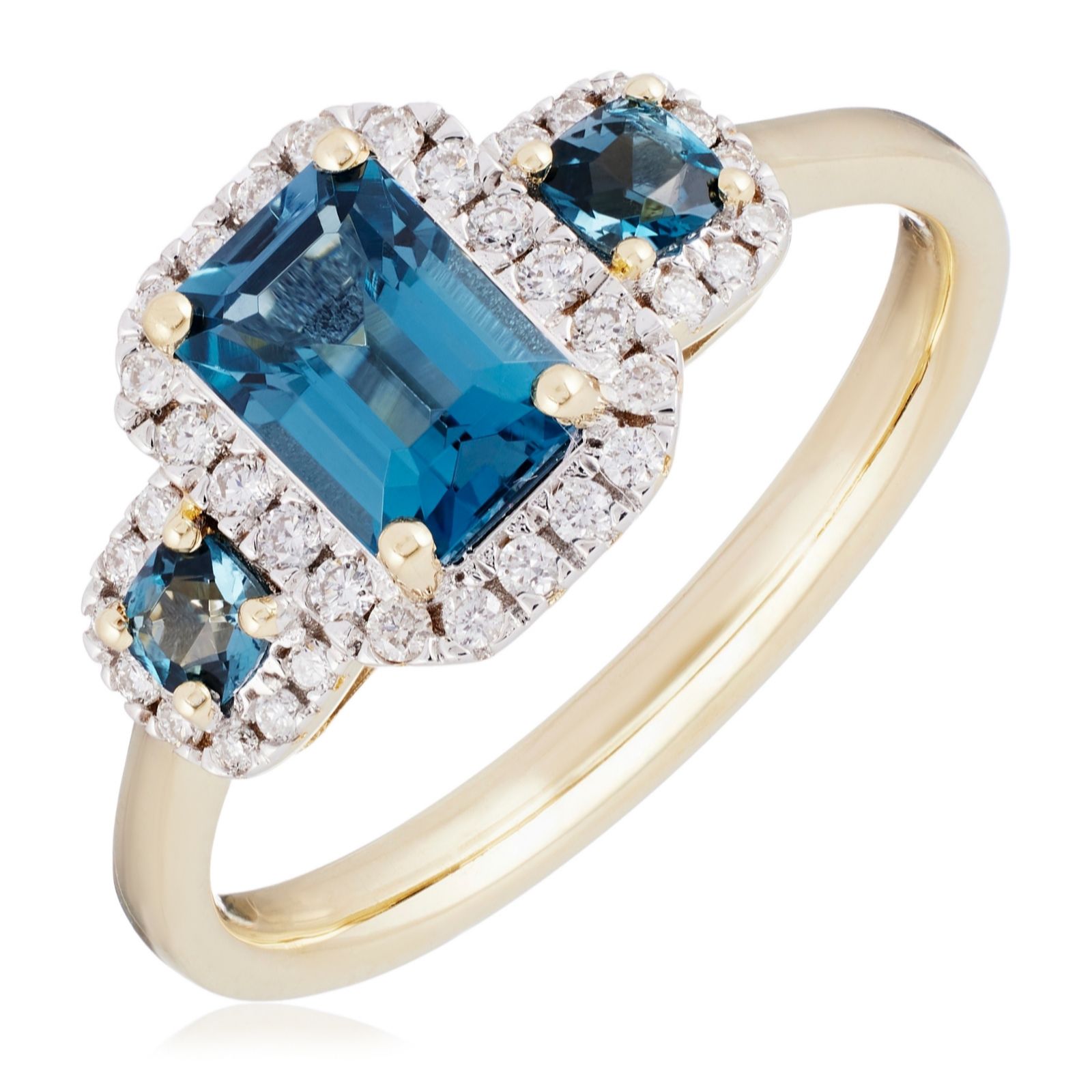 0.20ct Diamond & 1.35ct London Blue Topaz Trilogy Ring 9ct Gold