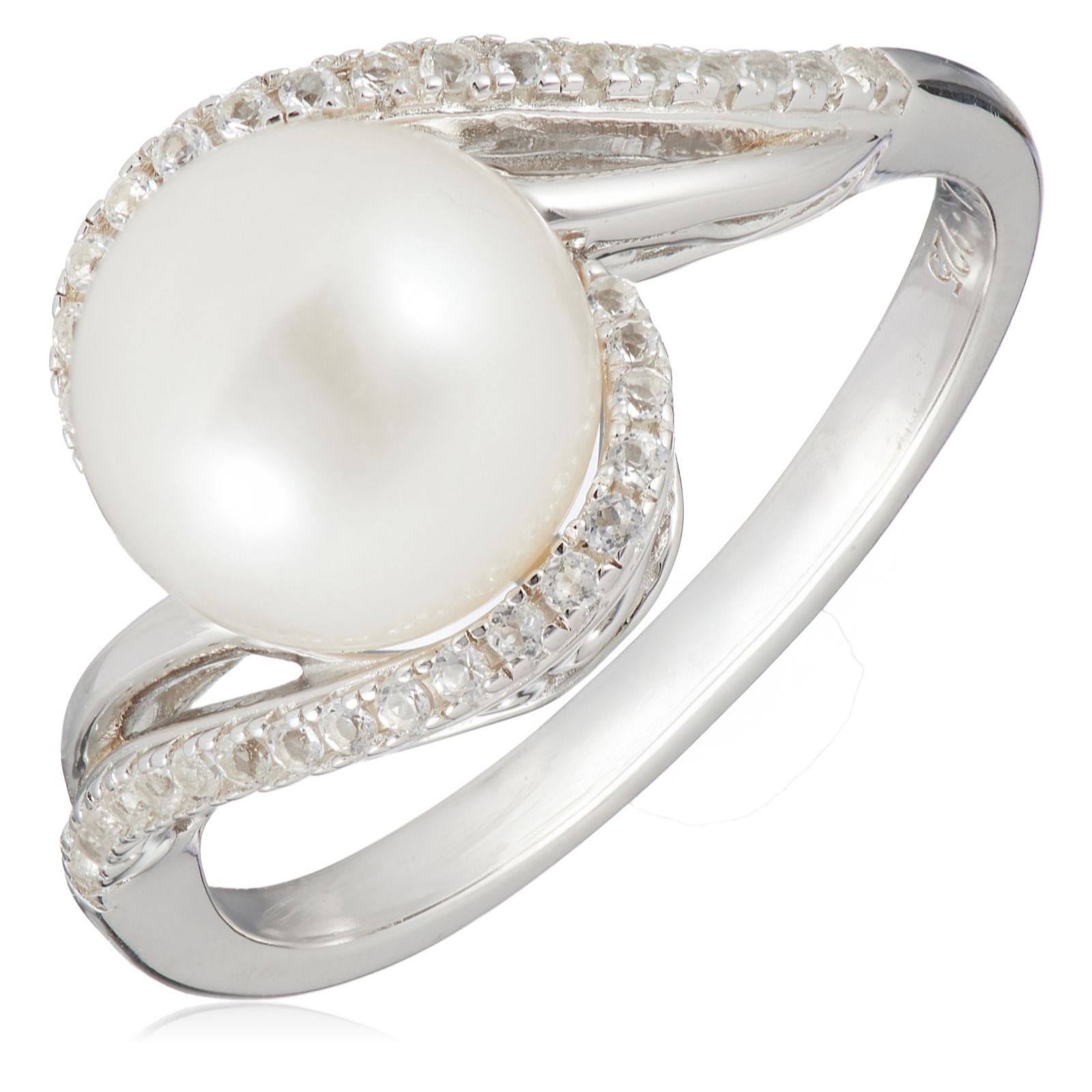 Larapearl Black Lara Pearl 8Mm Fresh Water Pearl And White Topaz Ring Sterling Silver