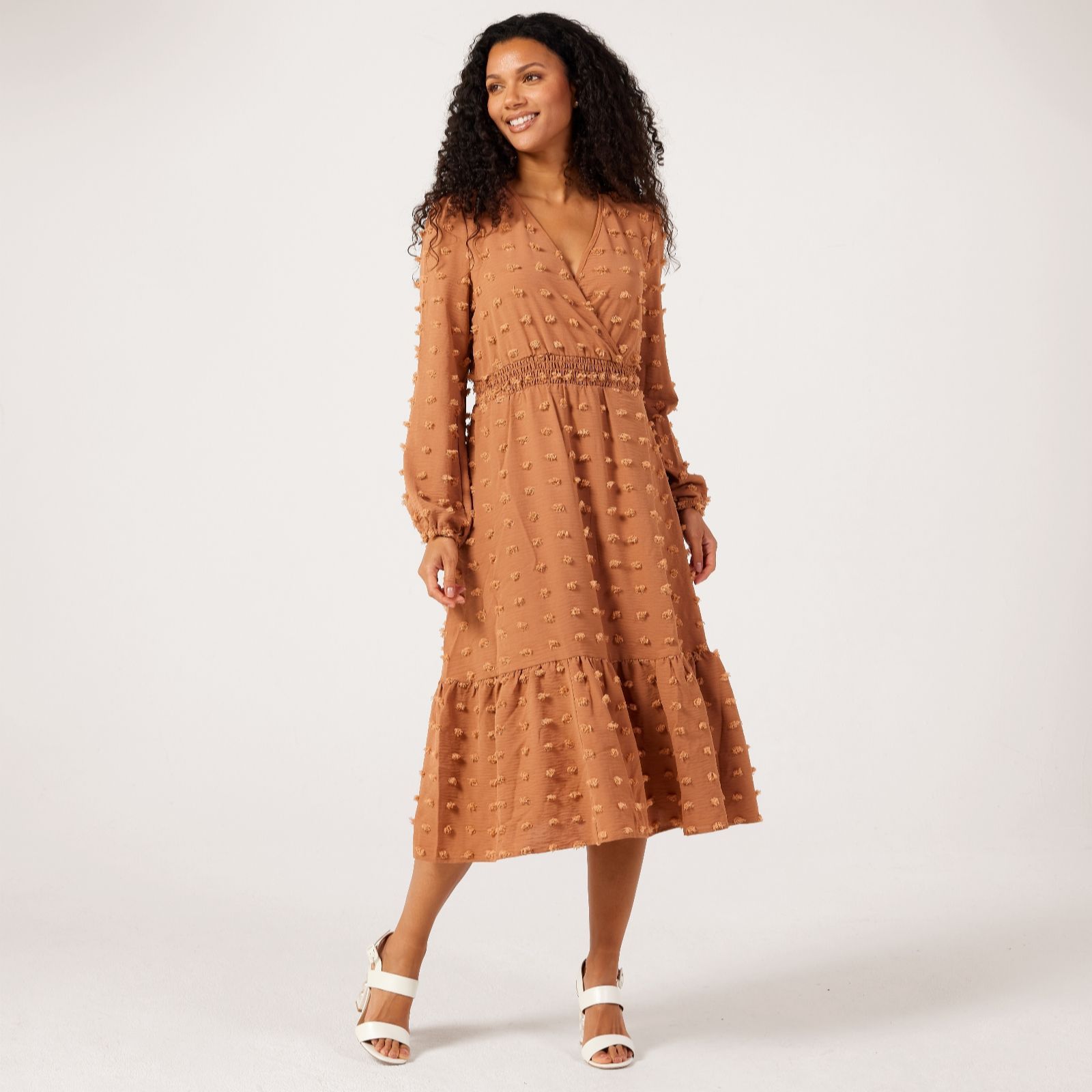 Nina Leonard French Beige Balloon Sleeve Texture Tiered Dress