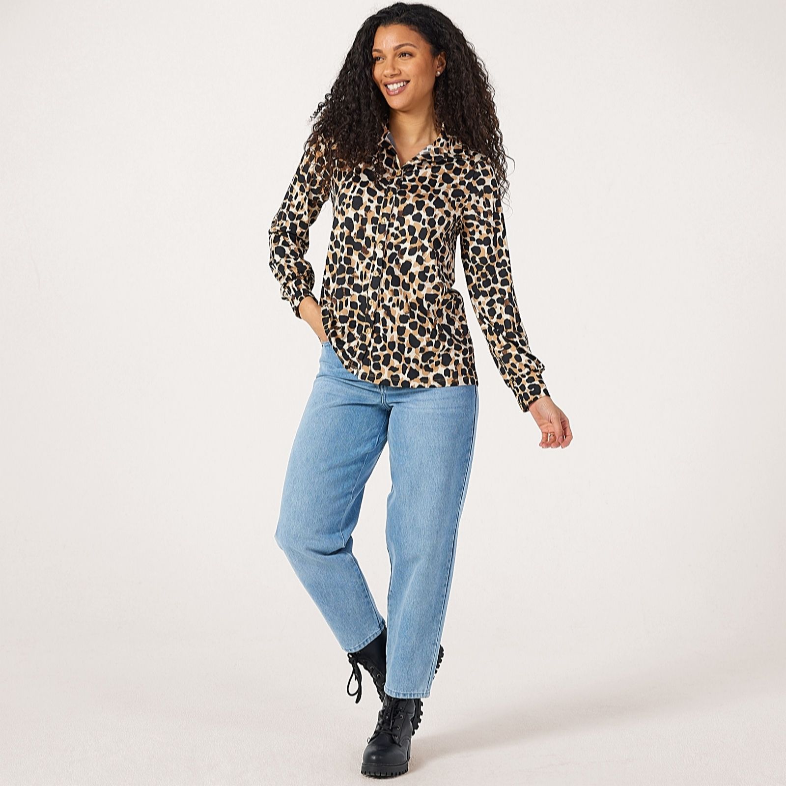 Kim & Co Navy,Ecru Printed Brazil Jersey Long Blouson Sleeve Shirt