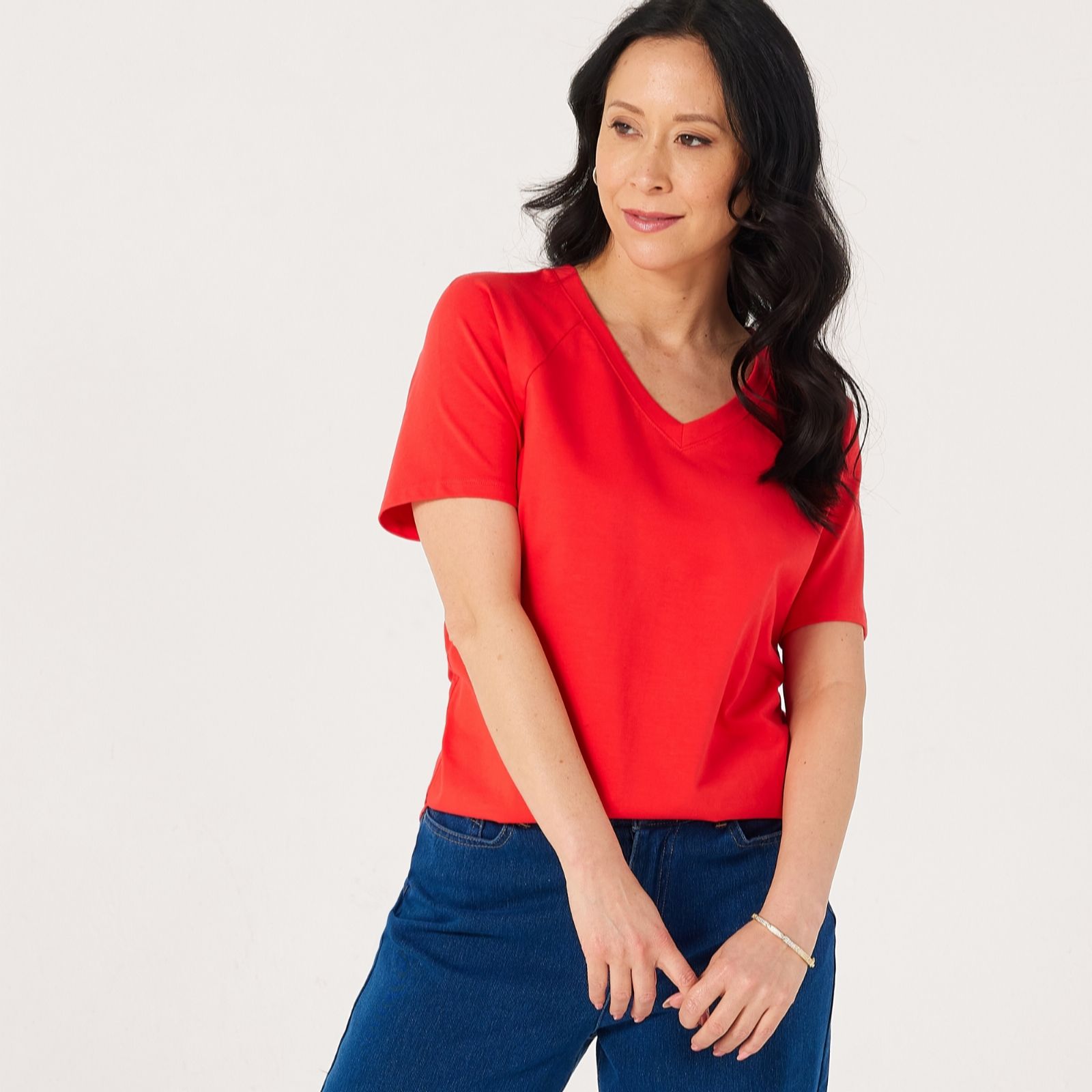 Denim & Co Essentials V-Neck Short Raglan Sleeve Top