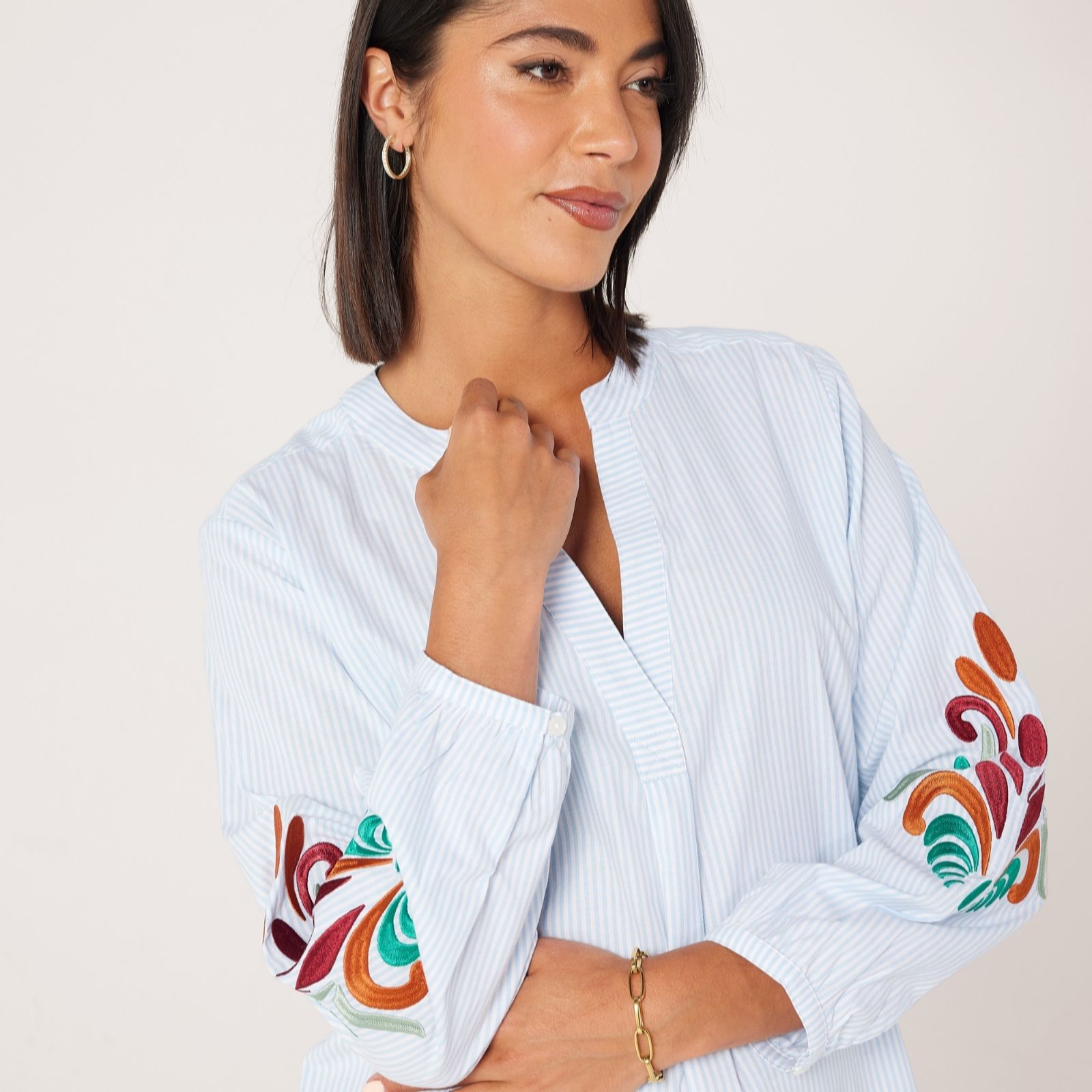 Ben De Lisi Blue White Stripe Embroidered Stripe Blouse