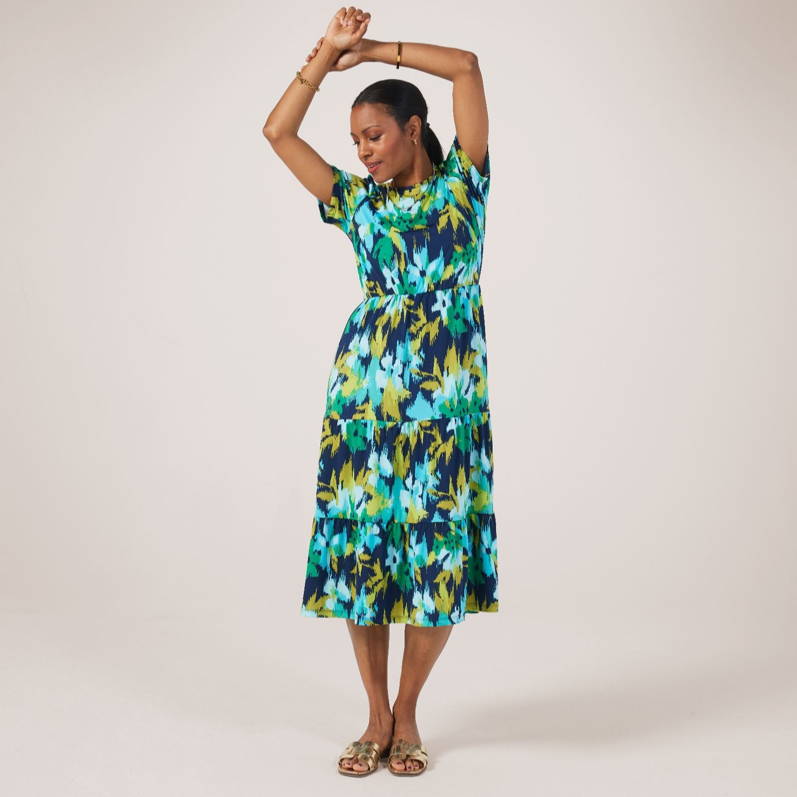 Kim & Co Printed Brazil Jersey Short Sleeve Tiered Midi Dress