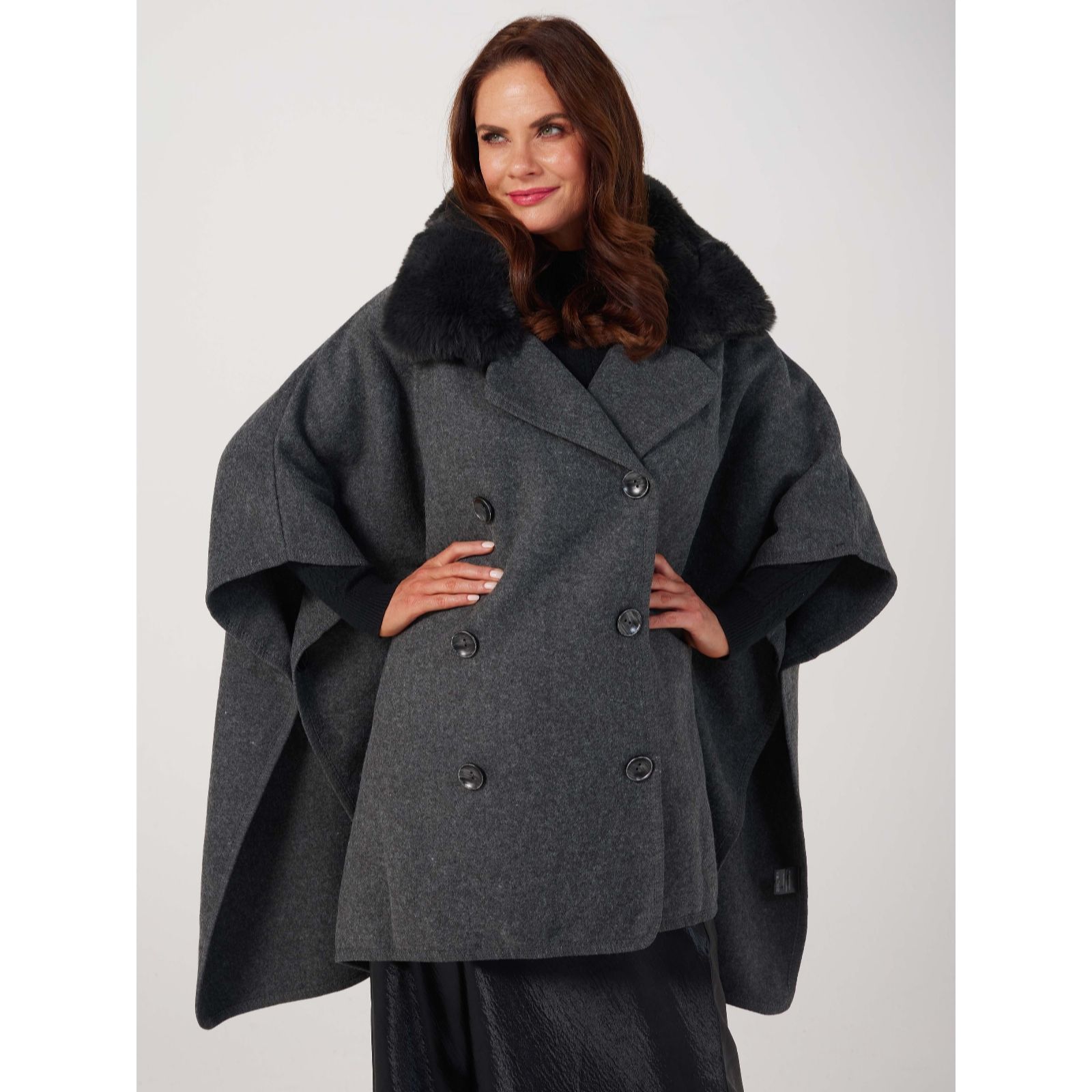 Frank Usher Double Breasted Cape with Faux Fur Collar