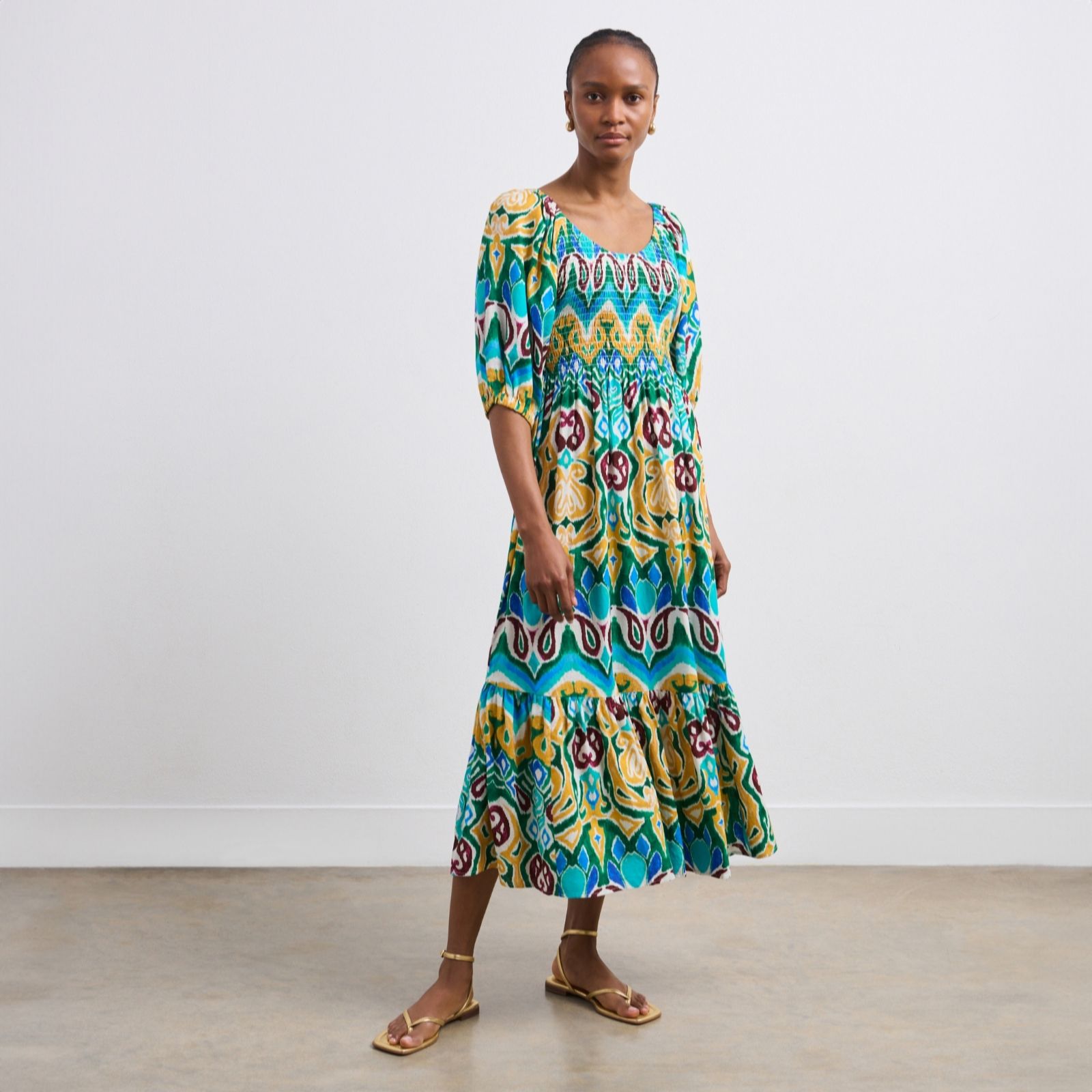 Finery Rosie Linen Viscose Print Dress Puff Sleeve