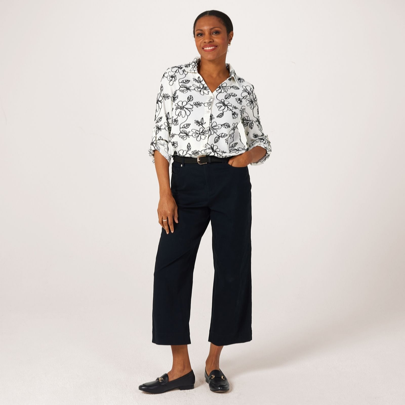 Nina Leonard Tab Sleeve Embroidered Shirt
