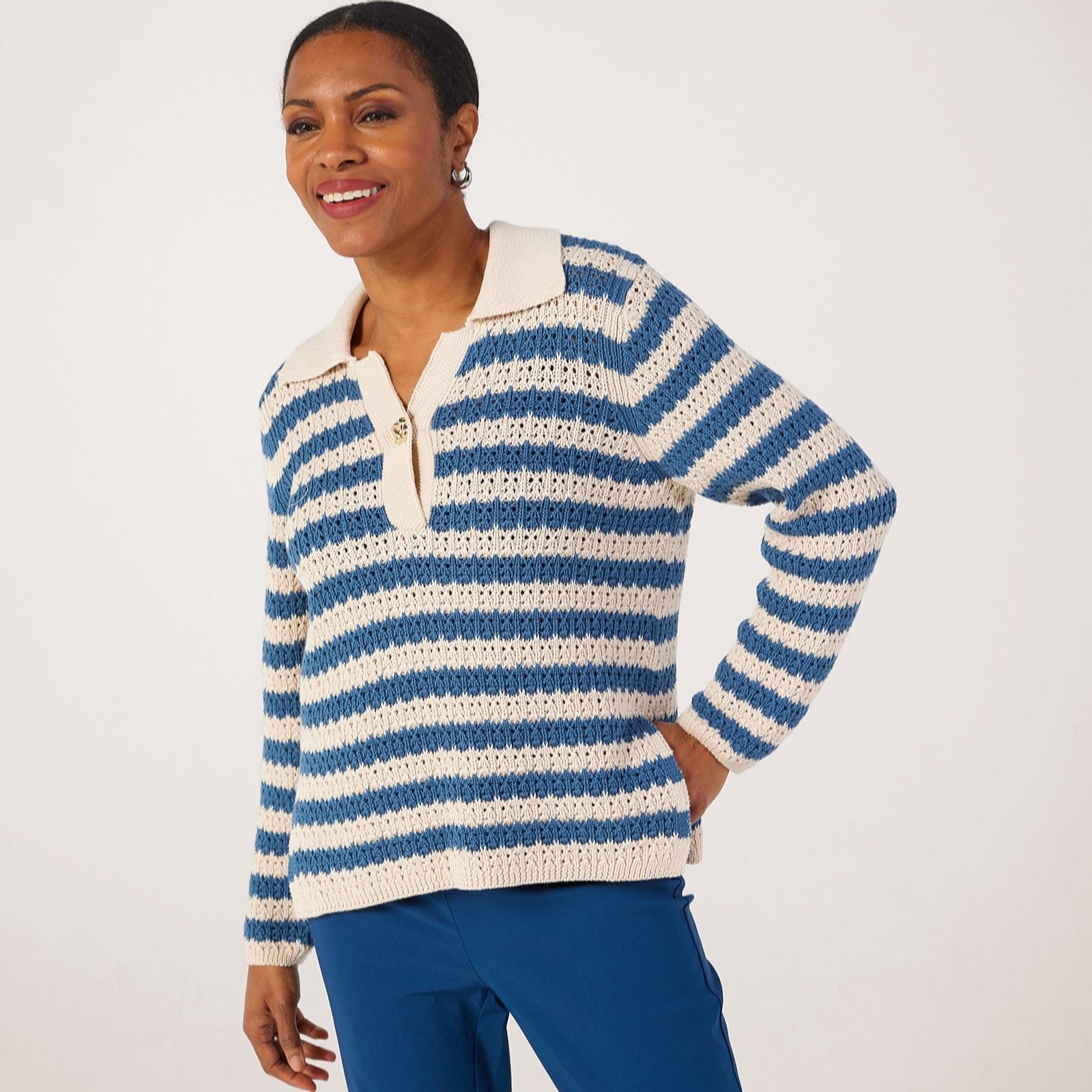 Masai Copenhagen Cream Black Fan Cotton Blend Knitted Top