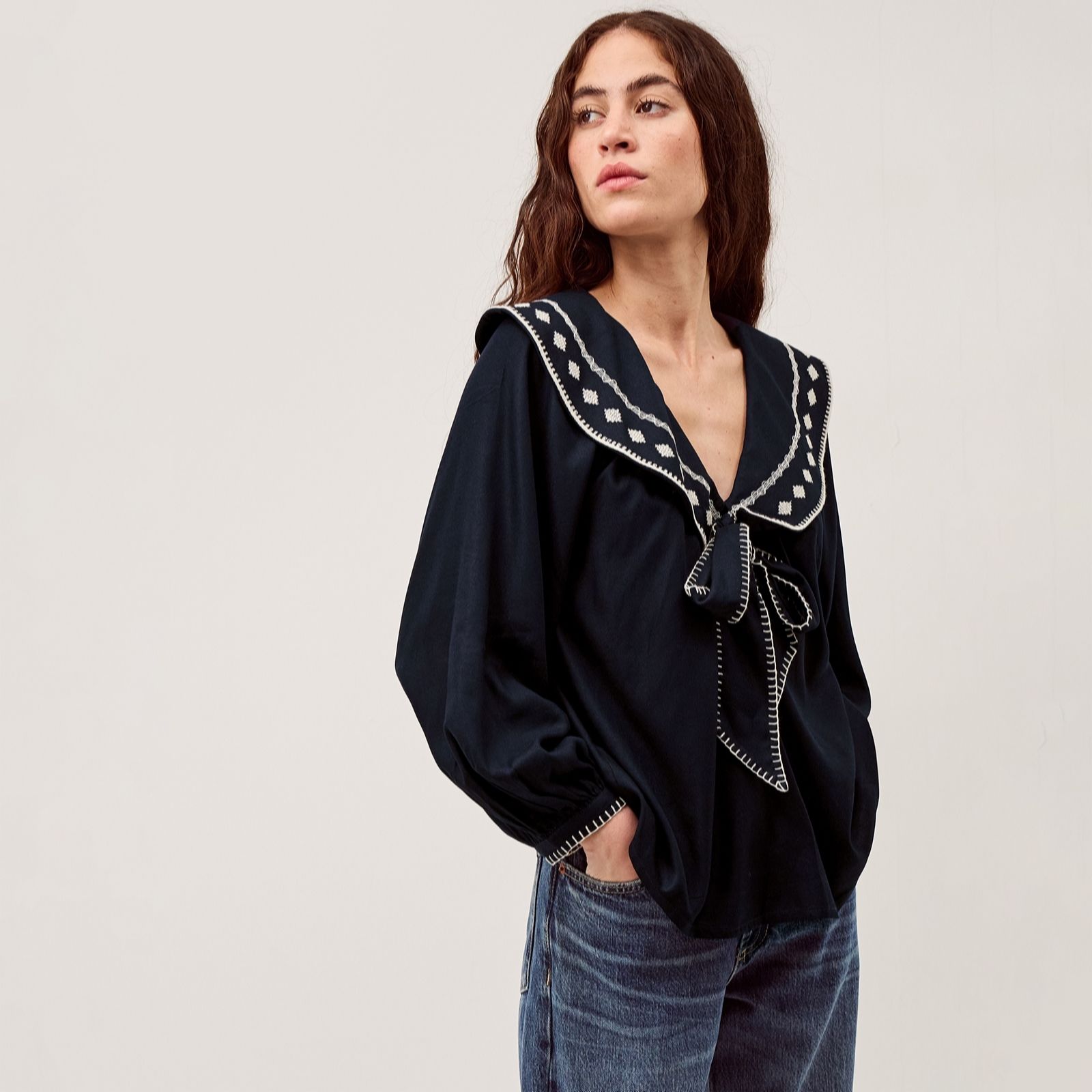 Monsoon Navy Lola Collared Top