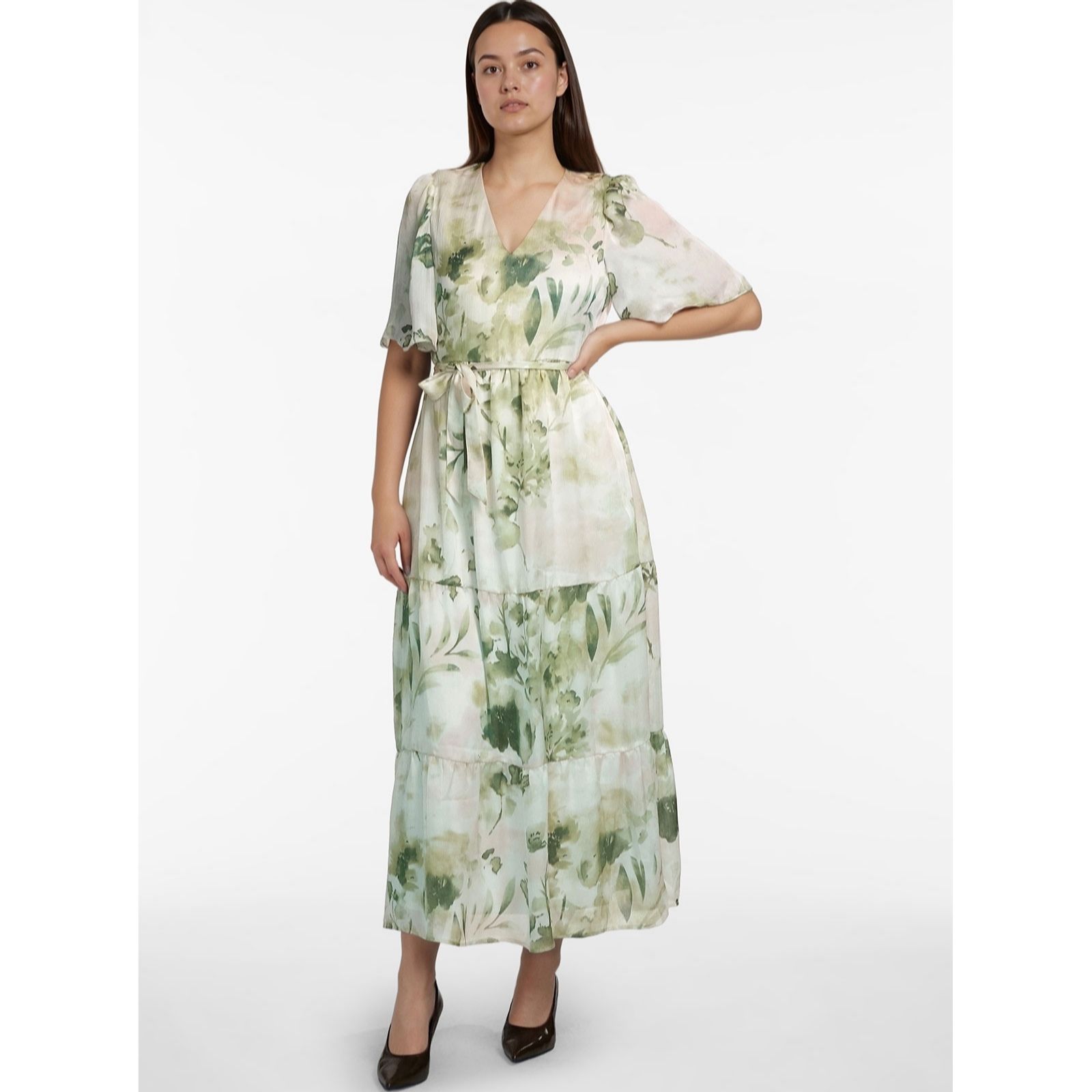 Vila Birch Floral Molina Belted Tiered Midi Dress
