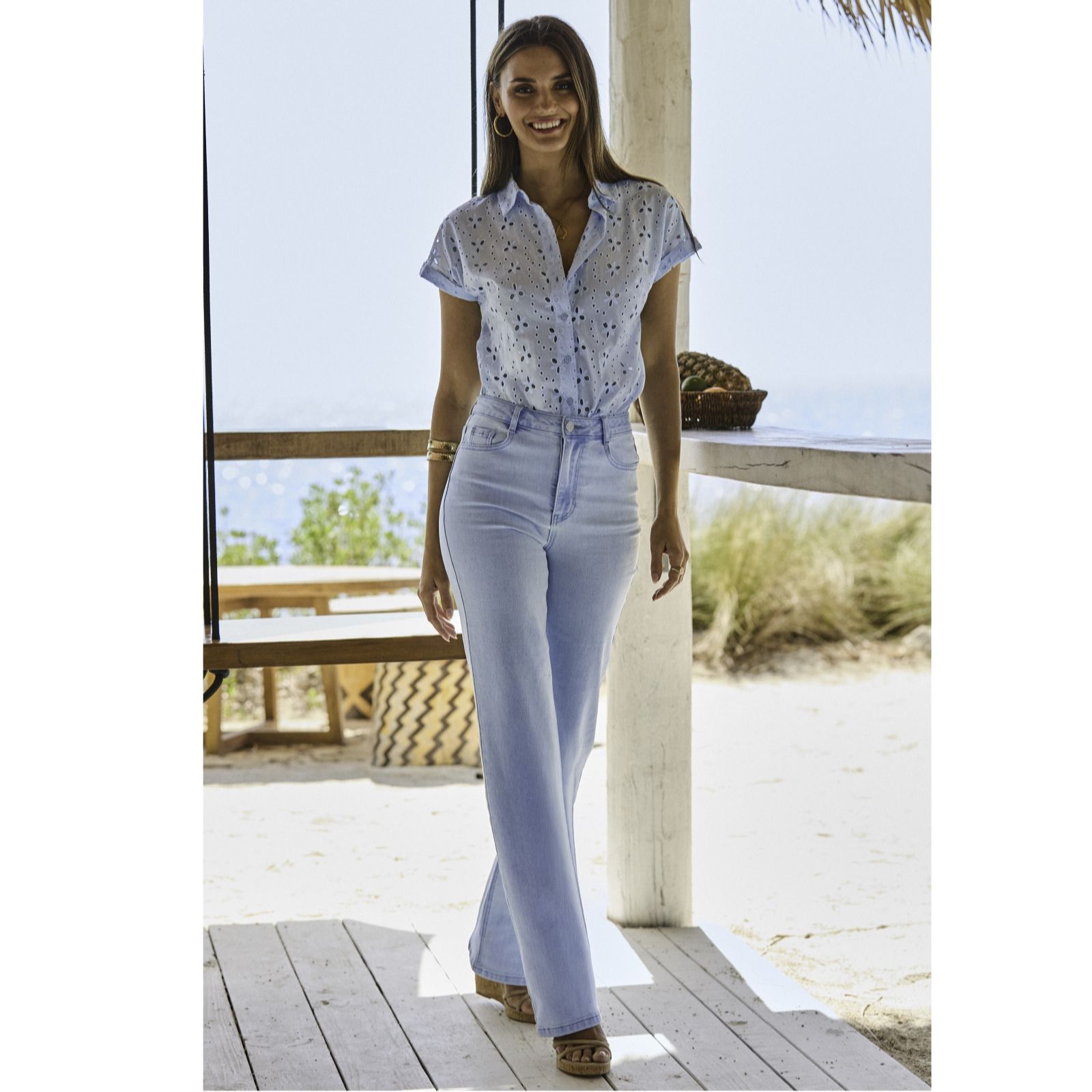 Sosandar Mid Blue Bleach Wash Slim Wide Leg Jean