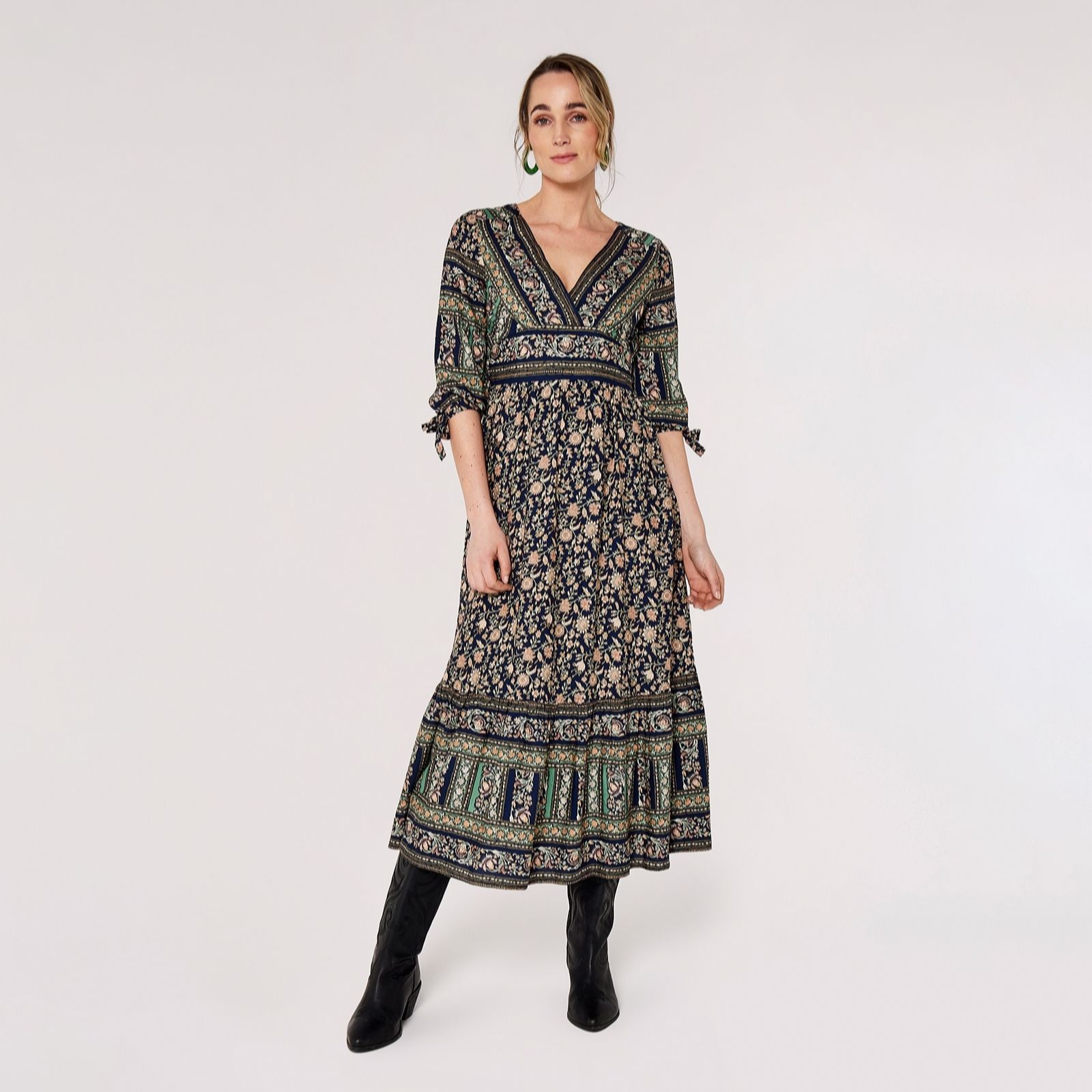 Apricot Printed Dress with Elbow Tie Sleeve
