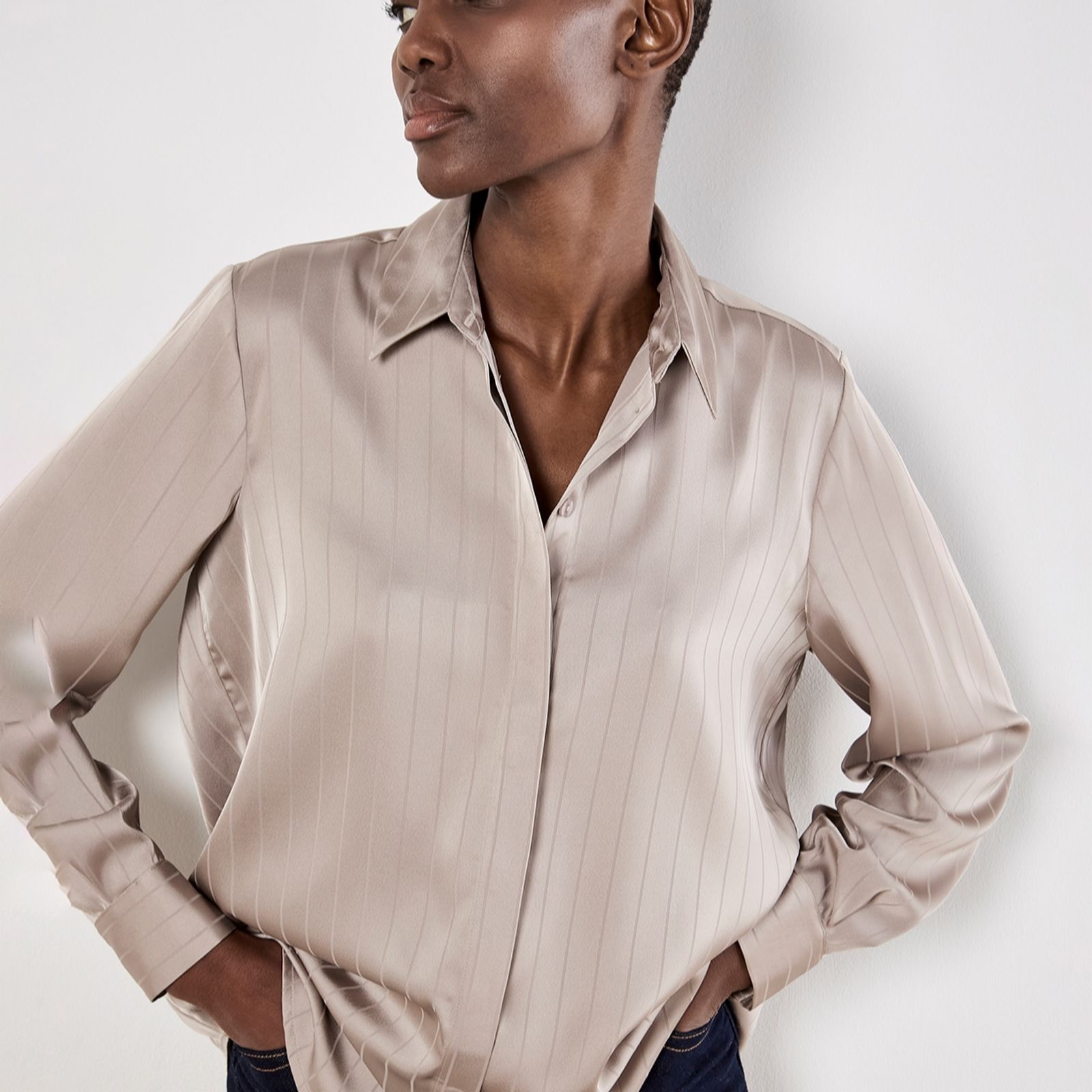 Apricot Stone Satin Self-Stripe Oversized Blouse