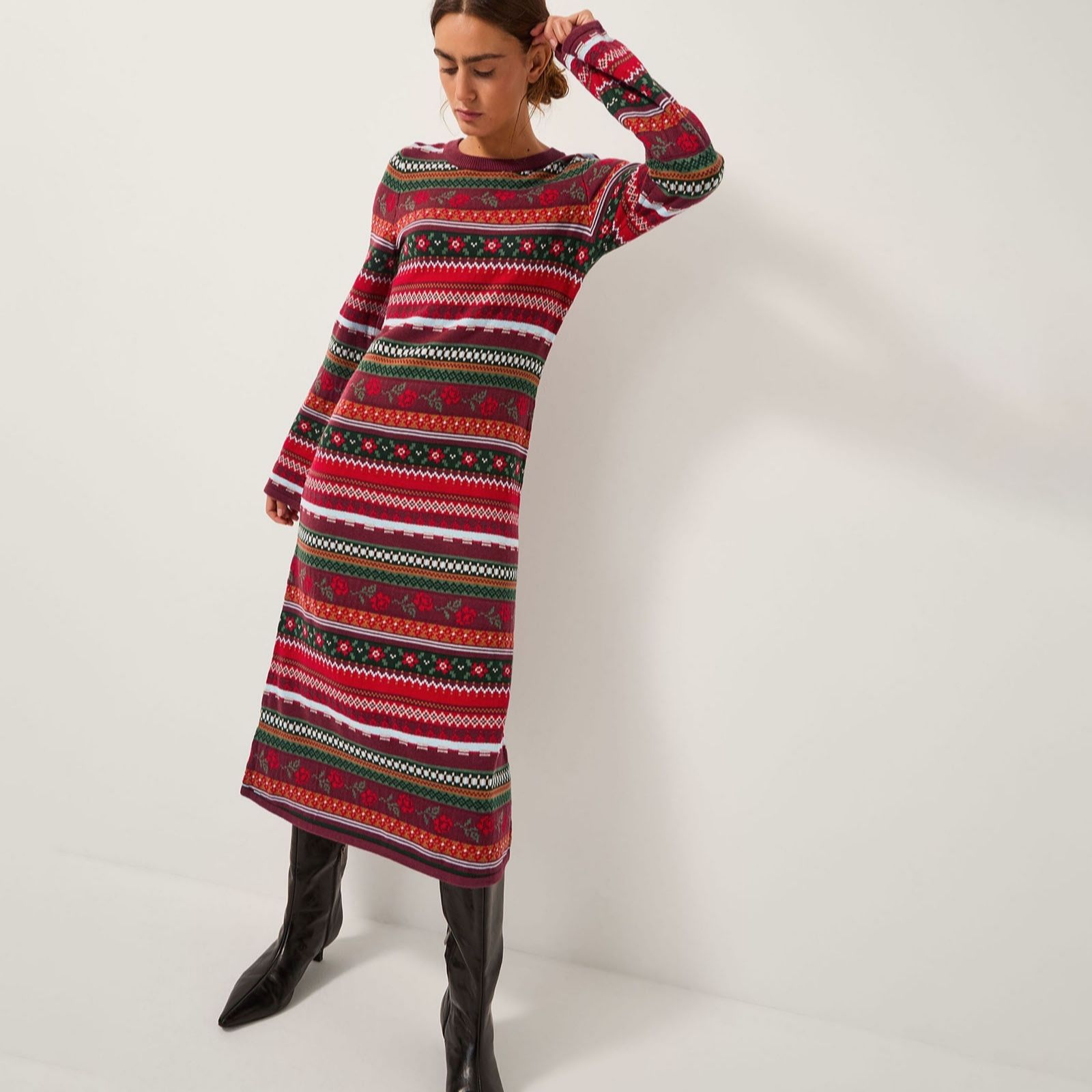 Monsoon Red Multi Fara Fairisle Dress