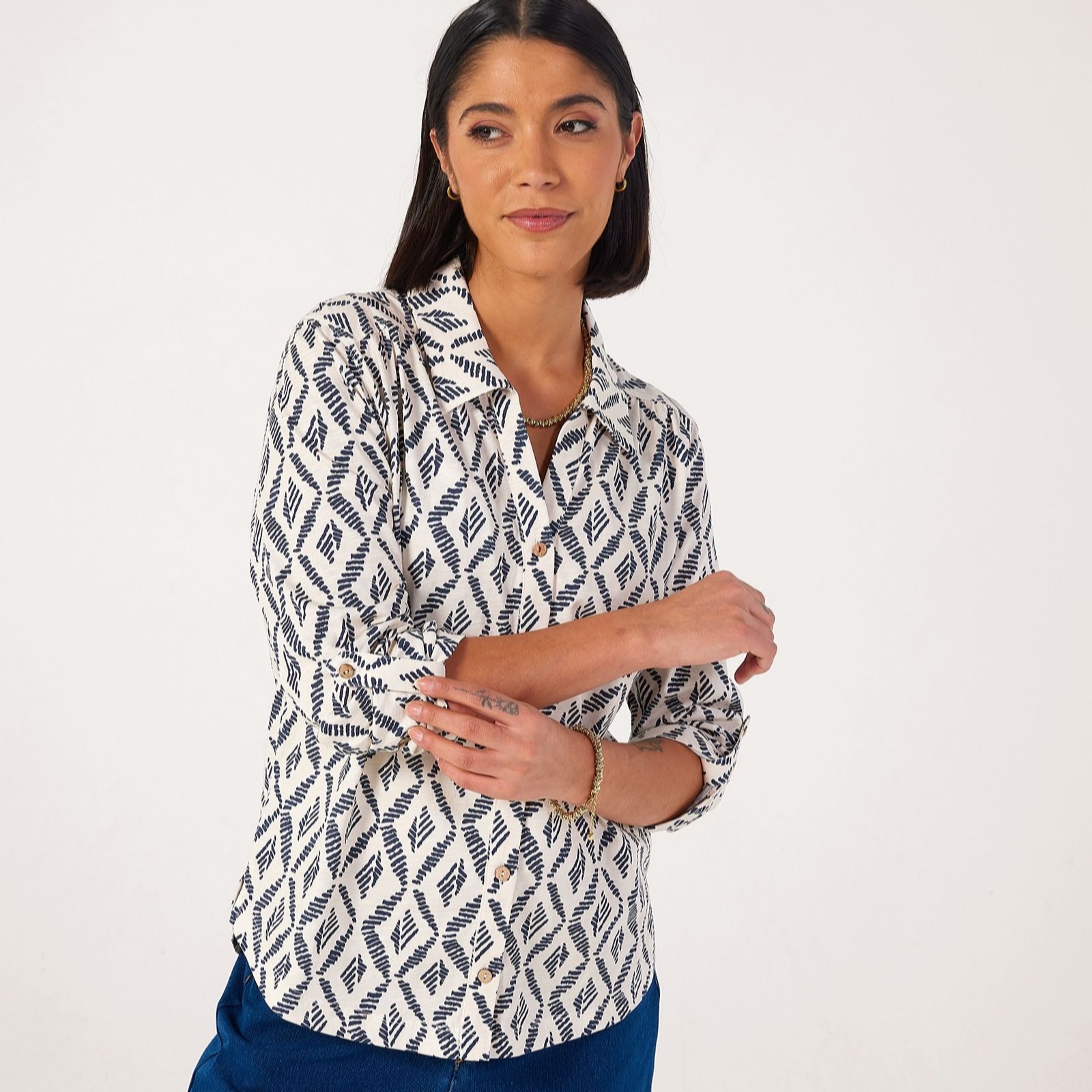 Denim & Co. Jersey Cotton Slub Printed Shirt