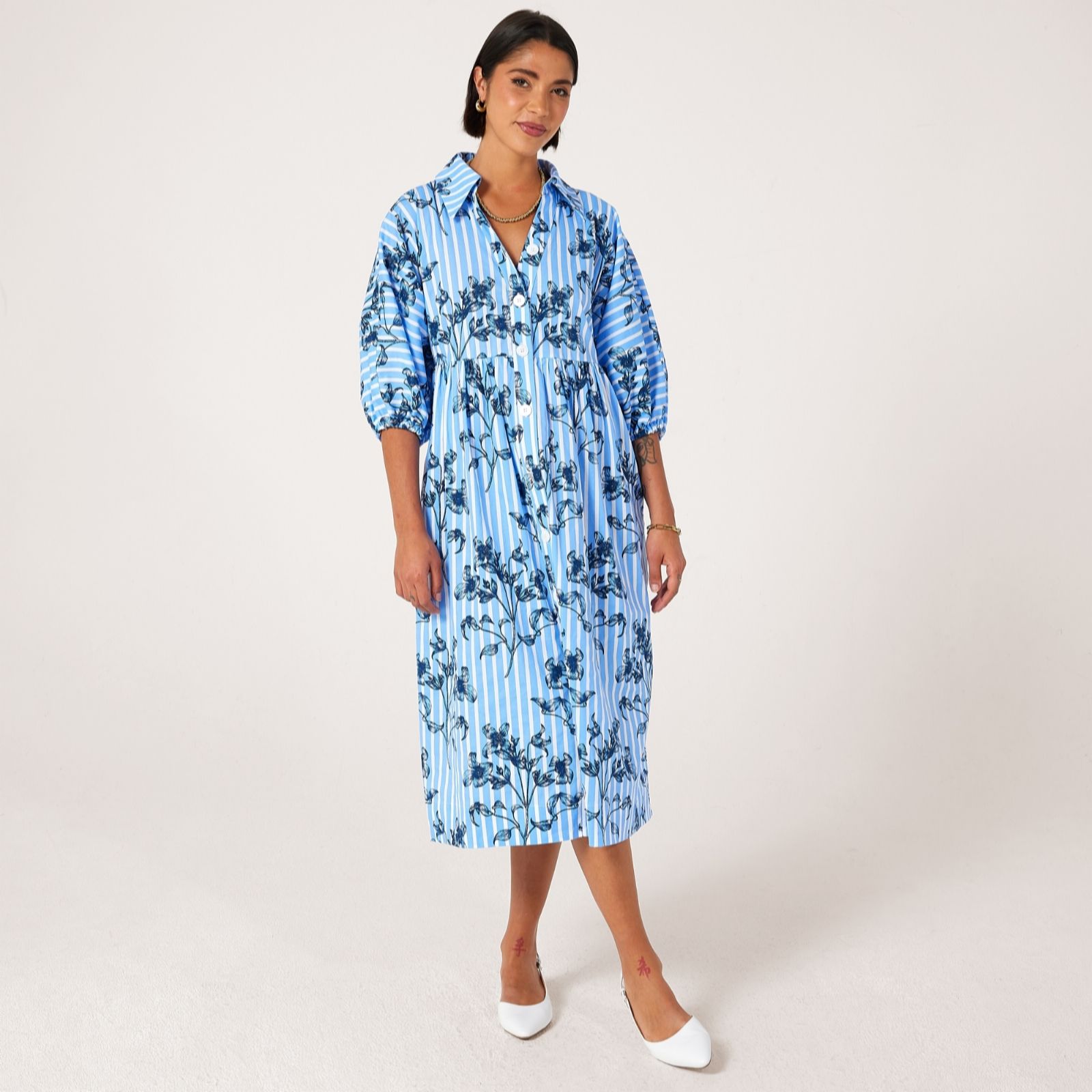 Helene Berman Blue Floral Blue Striped Dress With Floral Print