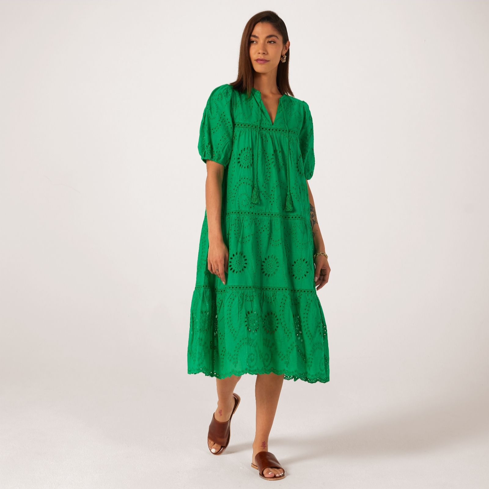 Apricot Broderie Anglaise Tiered Midi Dress