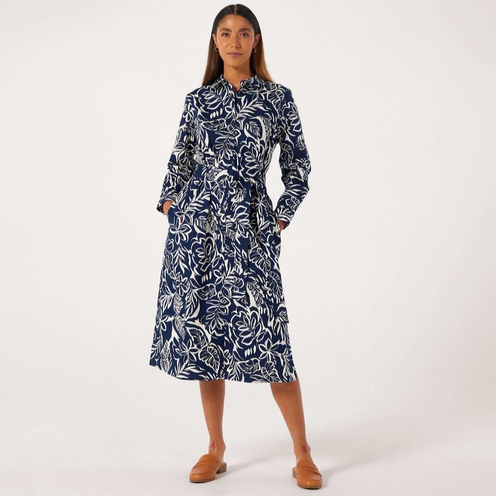 Ben De Lisi Navy Ivory Floral Printed Cotton Poplin Shirt Dress