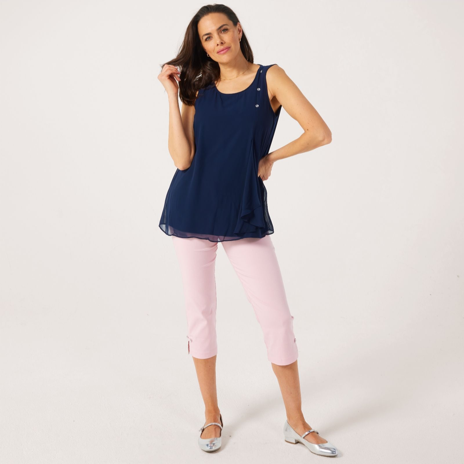Nina Leonard Ivory Sleeveless Chiffon Top With Rhinestone Buttons