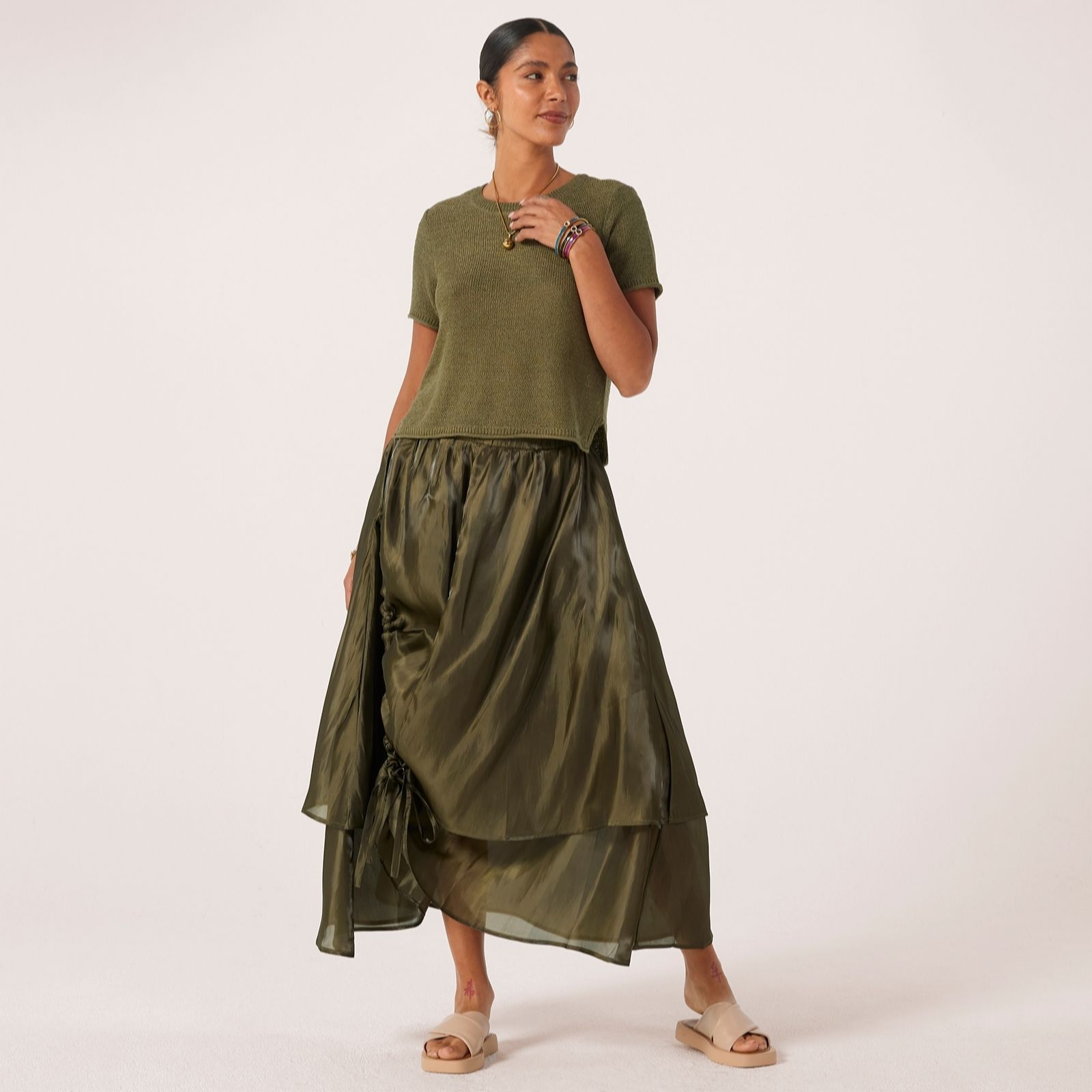 Malissa J Silky Textured Ties And Ruched Detail Skirt Elastic Waist